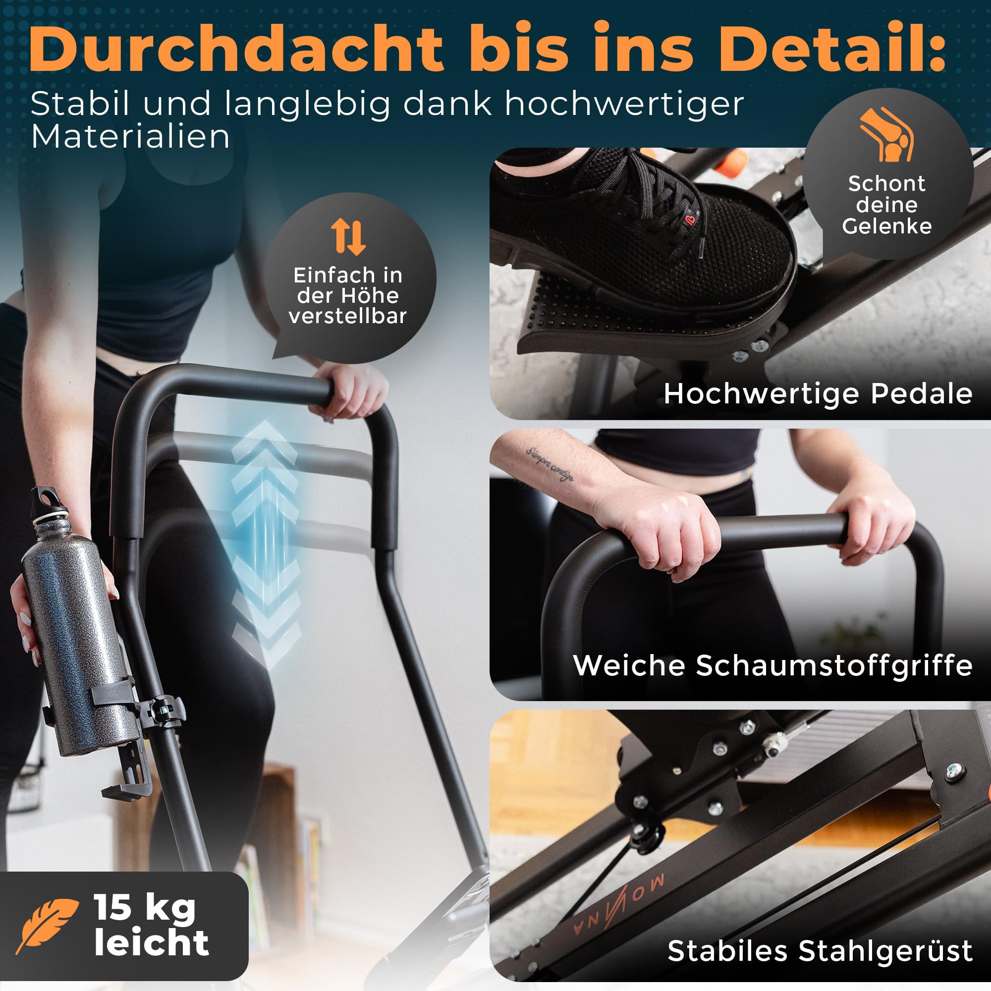 Stairmaster für Zuhause – Movana Treppensteiger Fitnessgerät mit 3 Schwierigkeitsstufen für Beginner, Testsieger, Handy- & Flaschenhalter, Cardio & Kraft, Stair Climber Stepper Heimtrainer