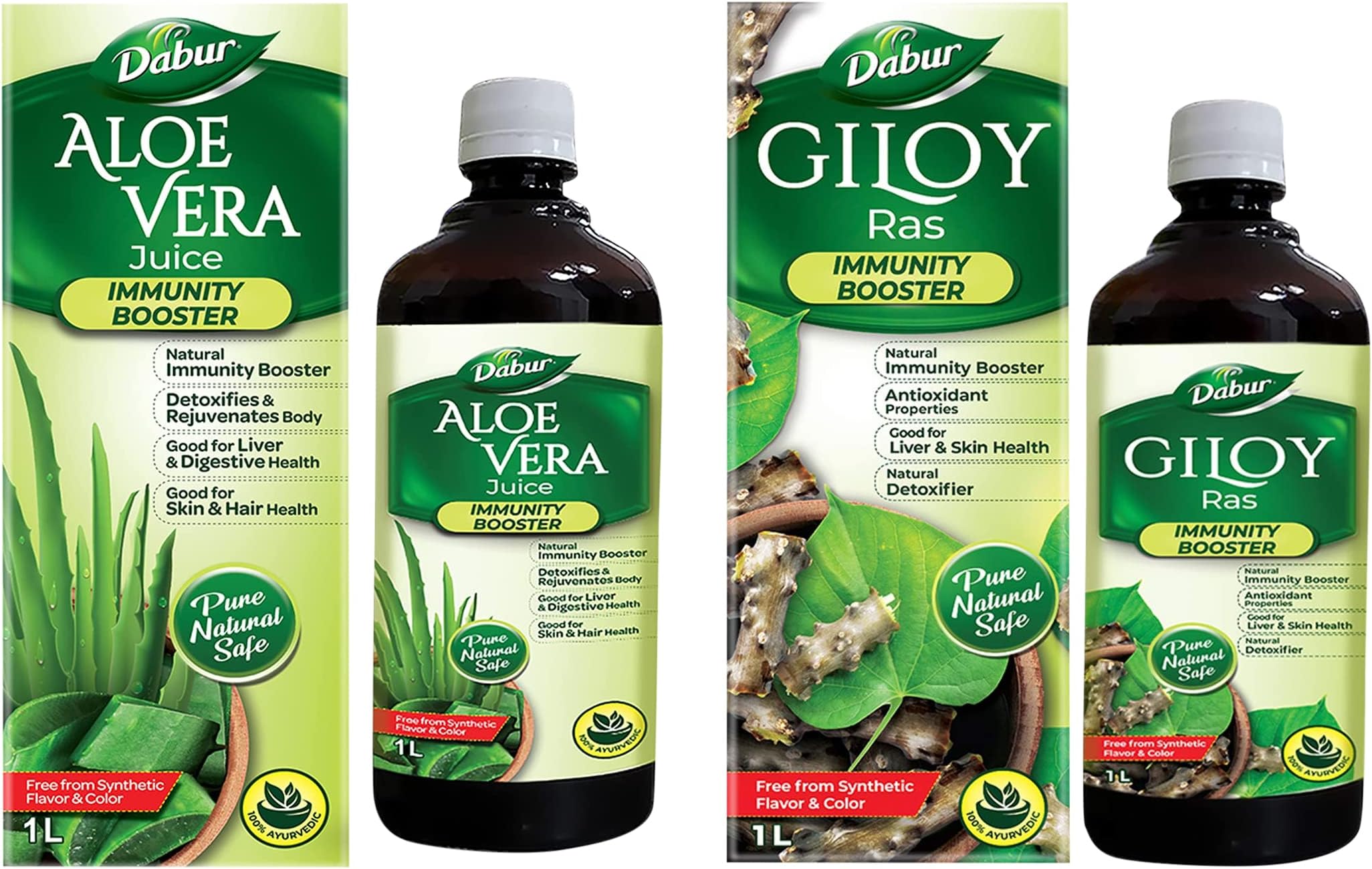 Dabur Aloe Vera Juice Ayurvedic Health Juice For Immunity Boosting - 1 L & Dabur Giloy Juice Immunity Booster With Natural Source Of Antioxidants - 1 L