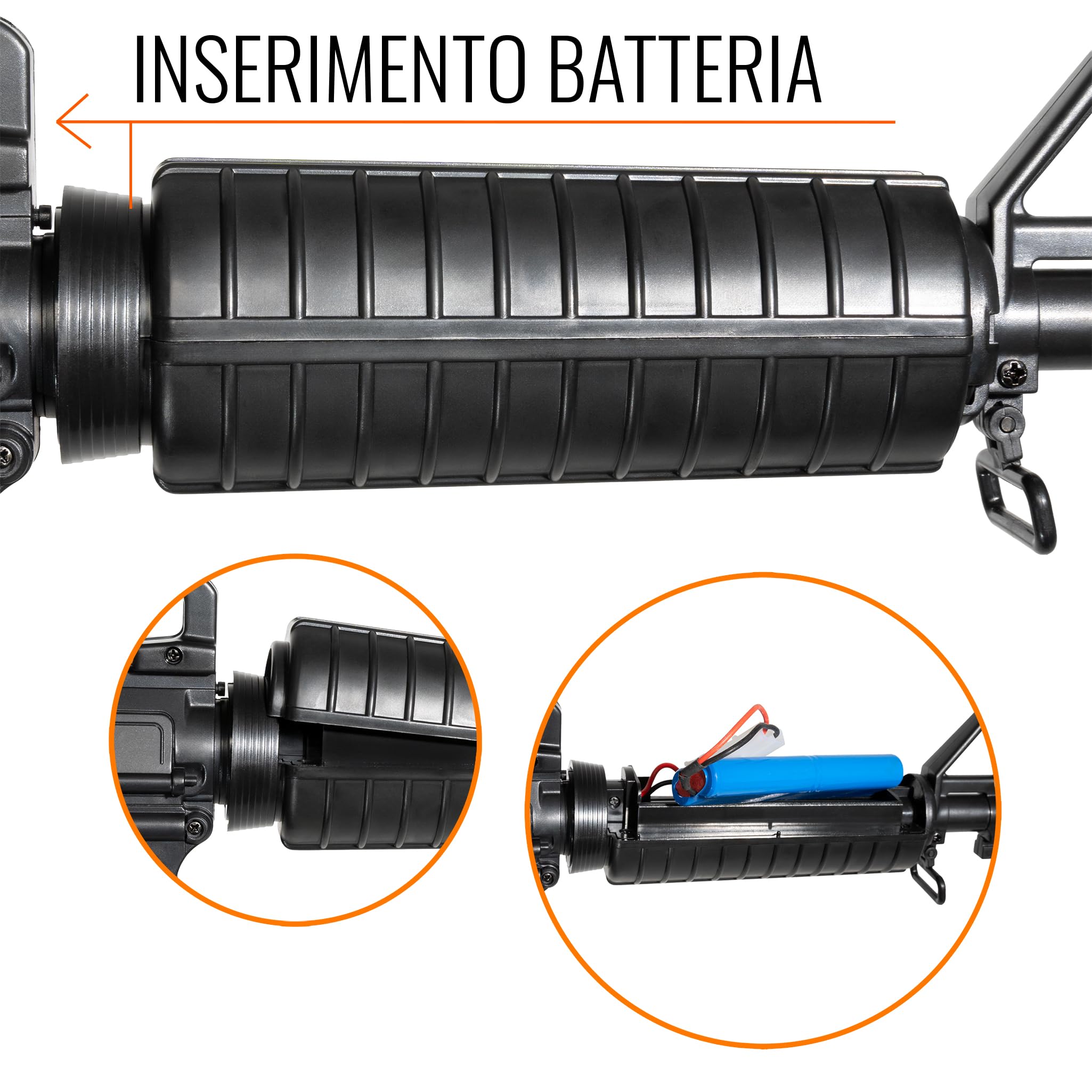 Fucile softair elettrico D94 nero, ABS resina, 2 caricatori 170 pallini, sicura singolo full-auto, calcio retrattile, Ni-MH 4.8V 700mAh + caricabatterie, POTENZA 0,9 JOULE