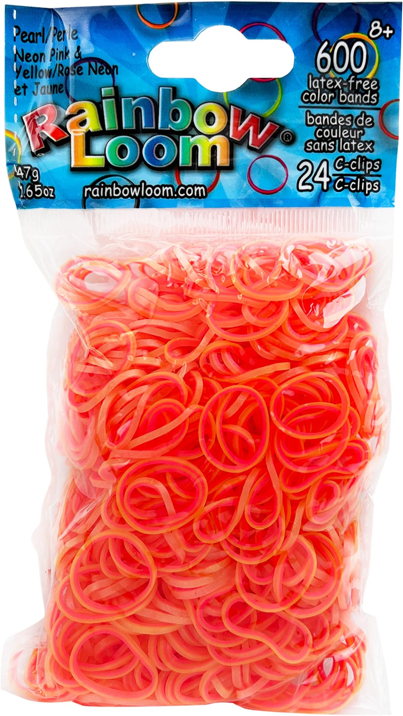 Choon S Design Llc Rainbow Loom Pearl Neon Orange/Neon Yellow Rubber Bands With 24 C-Clips (600 Count)