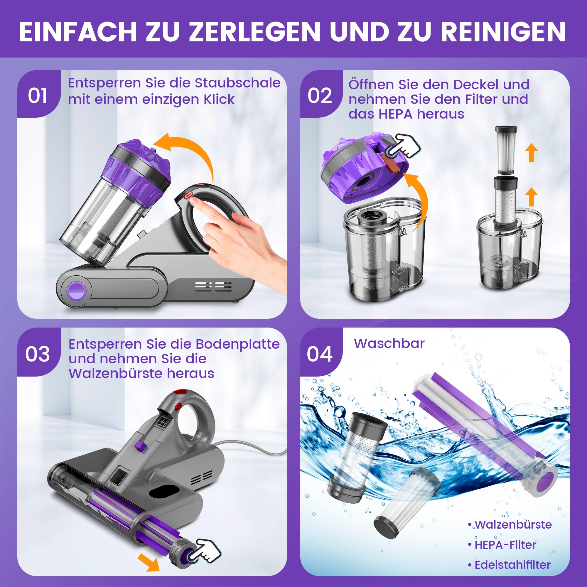 Milbenstaubsauger mit UV-Licht & Heißluft, 16Kpa Saugkraft, 550W, für Matratzen, Sofa, Teppiche