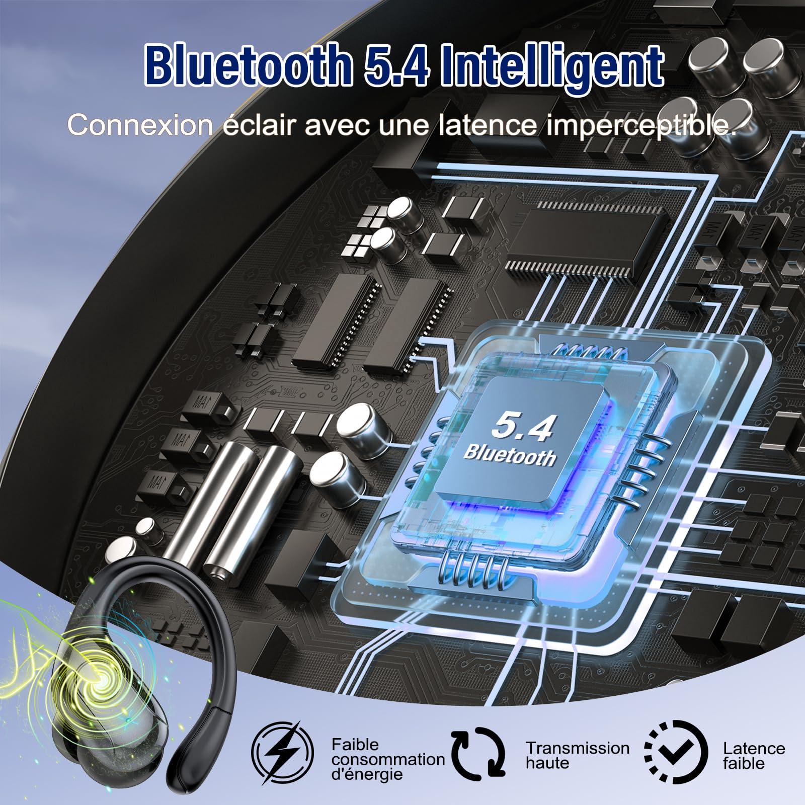 Qecnato Ecouteurs Bluetooth sans Fil, Ecouteurs Bluetooth 5.4 Stéréo avec ENC Réduction de Bruit Mic, 75H de Lecture Oreillette, IP7 Étanches Casque sans Fil pour Sport et Running, Noir