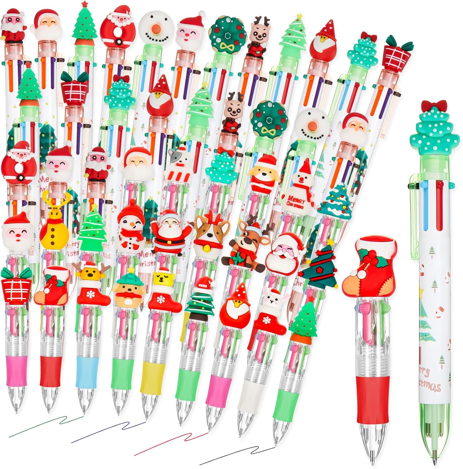 Mooliwe 48 Pcs Christmas Mini Multicolor Pens in One 24 Pieces 4-in-1 and 24 Pcs 6-in-1 Cute Fun Christmas Multicolor Ballpoint Pens Bulk for Birthdays Party Favors Kawaii Gifts Prizes Rewards