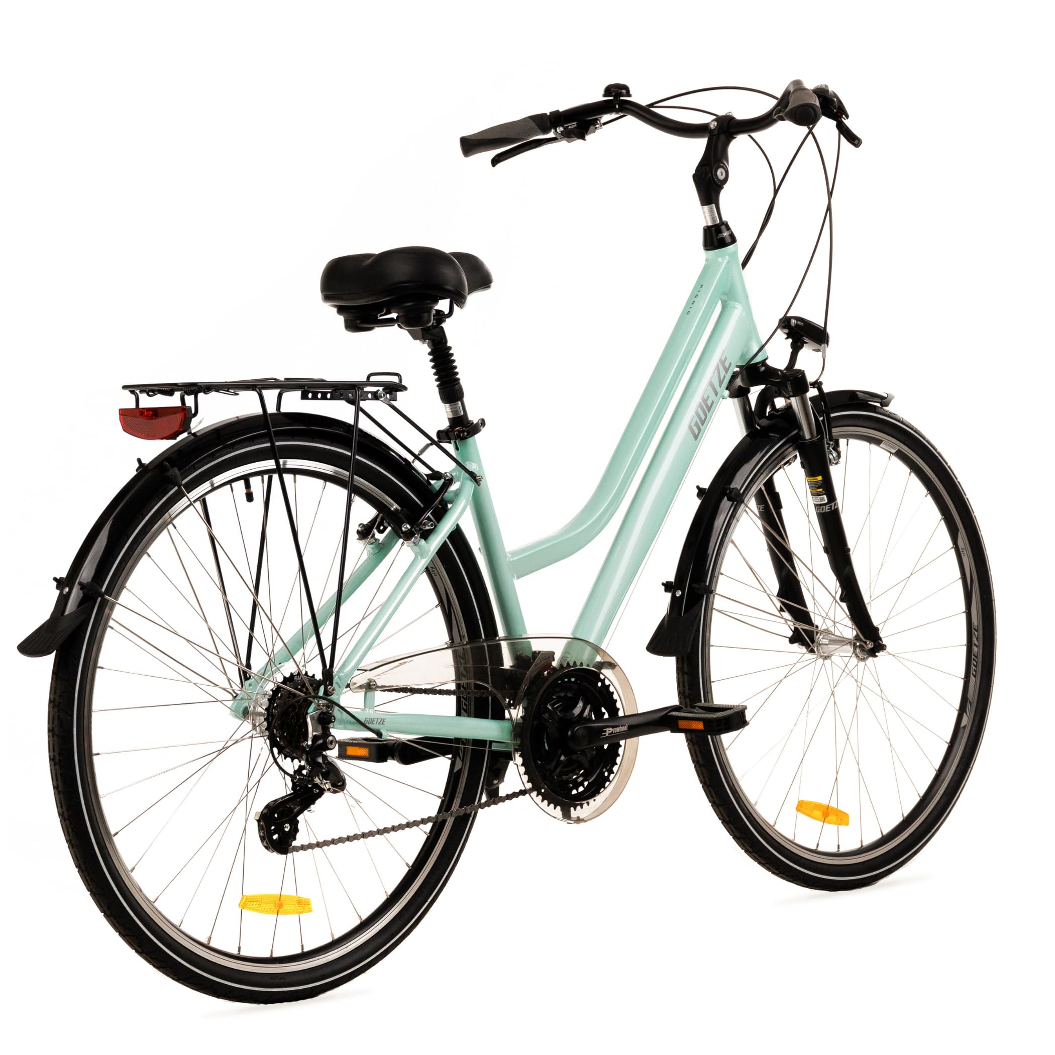 Goetze Picnic 28 Zoll Damen Trekkingrad, Aluminium Rahmen 17/19 Zoll, Shimano 21-Gang Schaltung, Federgabel, Verstellbarer Vorbau, Gefederte Sattelstütze, LED-Beleuchtung, Gepäckträger