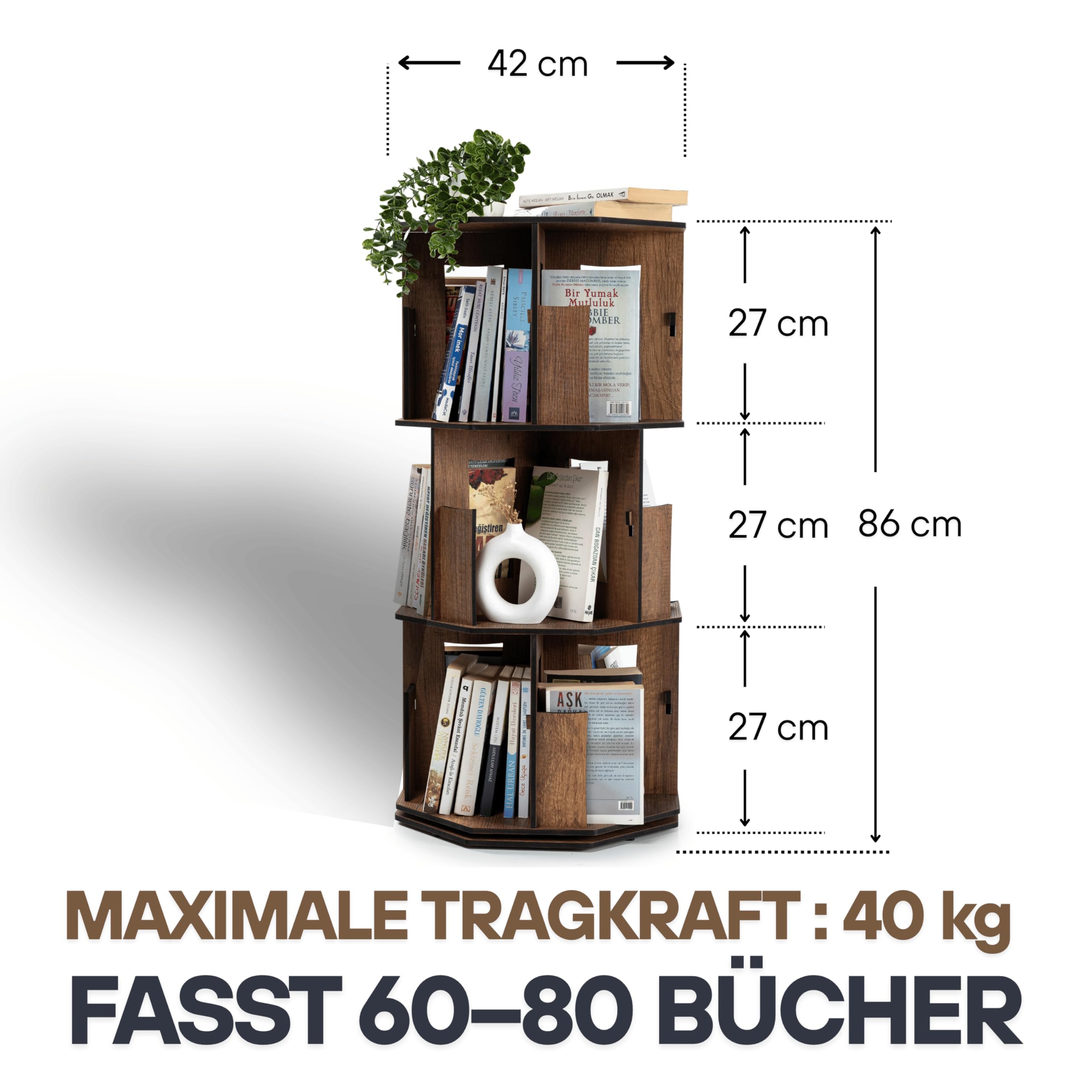 Vigo Wood bücherregal klein in Eichenoptik – 3 stufiges drehbares Bücherregal aus Verbundholz, platzsparend & modern für Kinder bücherregal, bücherschrank (Walnuss, 3 Regale)