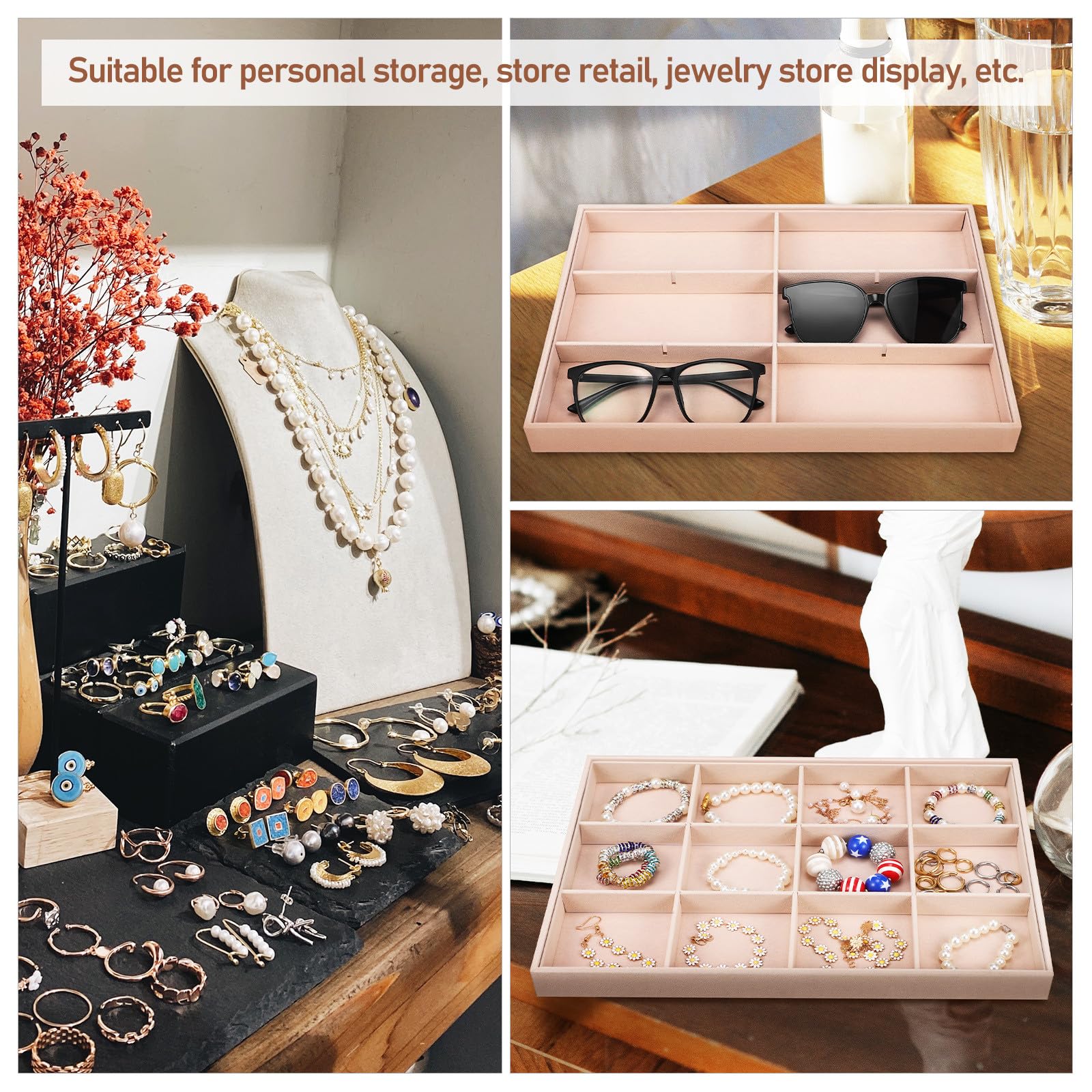 Bandejas para Joyas de Terciopelo 2 Unidades Organizador 12 Compartimentos Ajustables Bandeja para Exhibición y Almacenamiento de Anillos Collares y Pulseras Uso Doméstico y