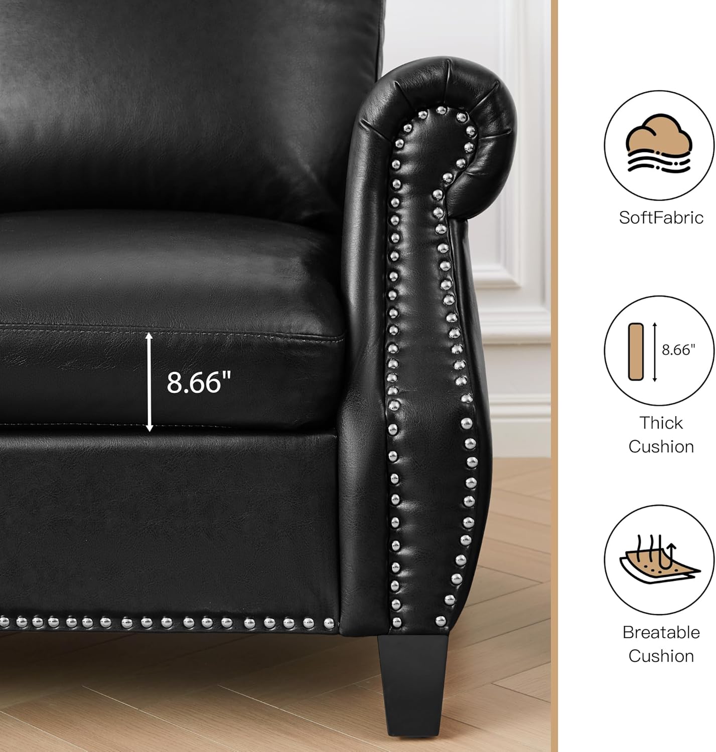 LEVNARY Compact PU Leather Sofa Set 3 Piece, Small Space Couch Set with 3-Seater, Loveseat & Armchair, Comfortable Nailhead Trim Living Room Furniture for Apartment, Office, Guest Room (Black)