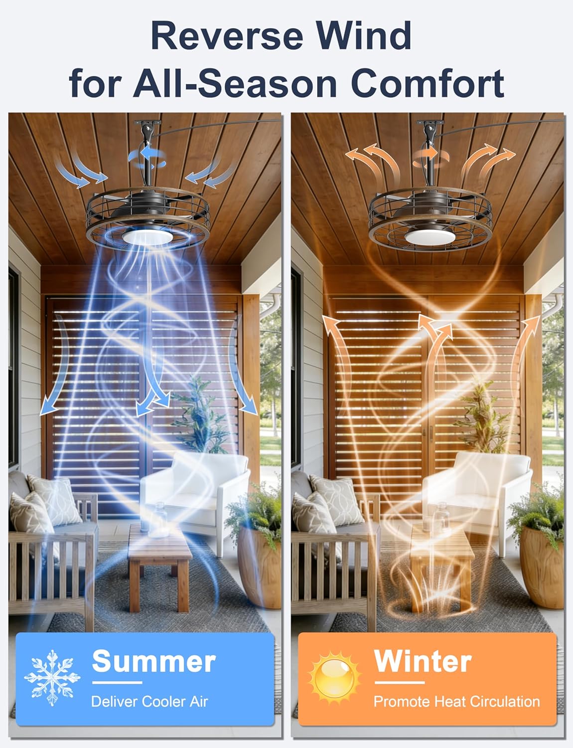 Outdoor Ceiling Fan with Lights - 16'' Wet Rated Gazebo Fan Remote/APP Control, Caged Hanging Fan Plug and Play for Covered Patio Porch, Wood Color