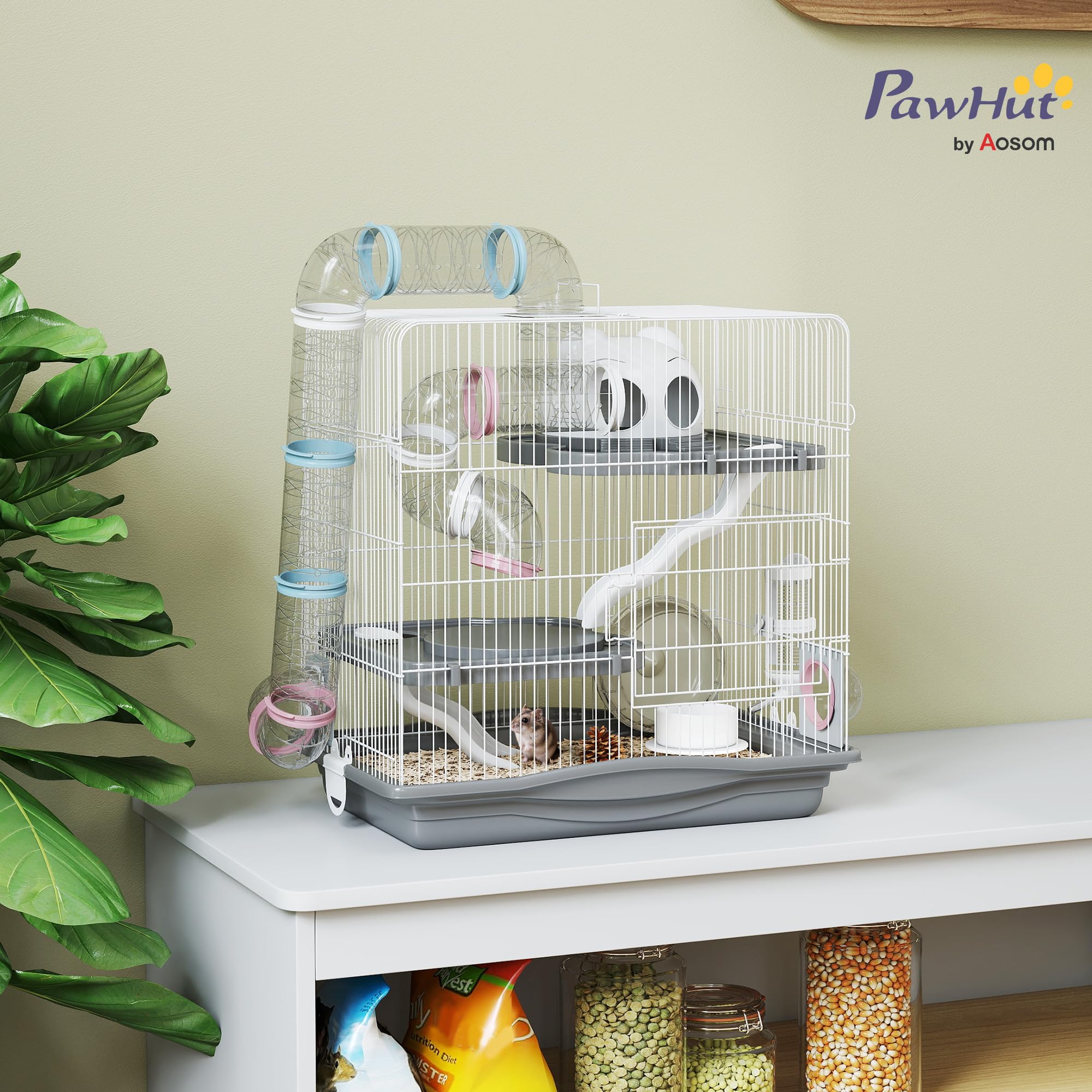 PawHut Gabbia per Criceti a 3 Livelli e 14 Tubi con Casetta, Rampa, Ciotole, Serbatoio per l'Acqua e Vassoio Antigoccia, Gabbietta per Criceti in Metallo e Plastica, 45x30x45 cm, Grigio