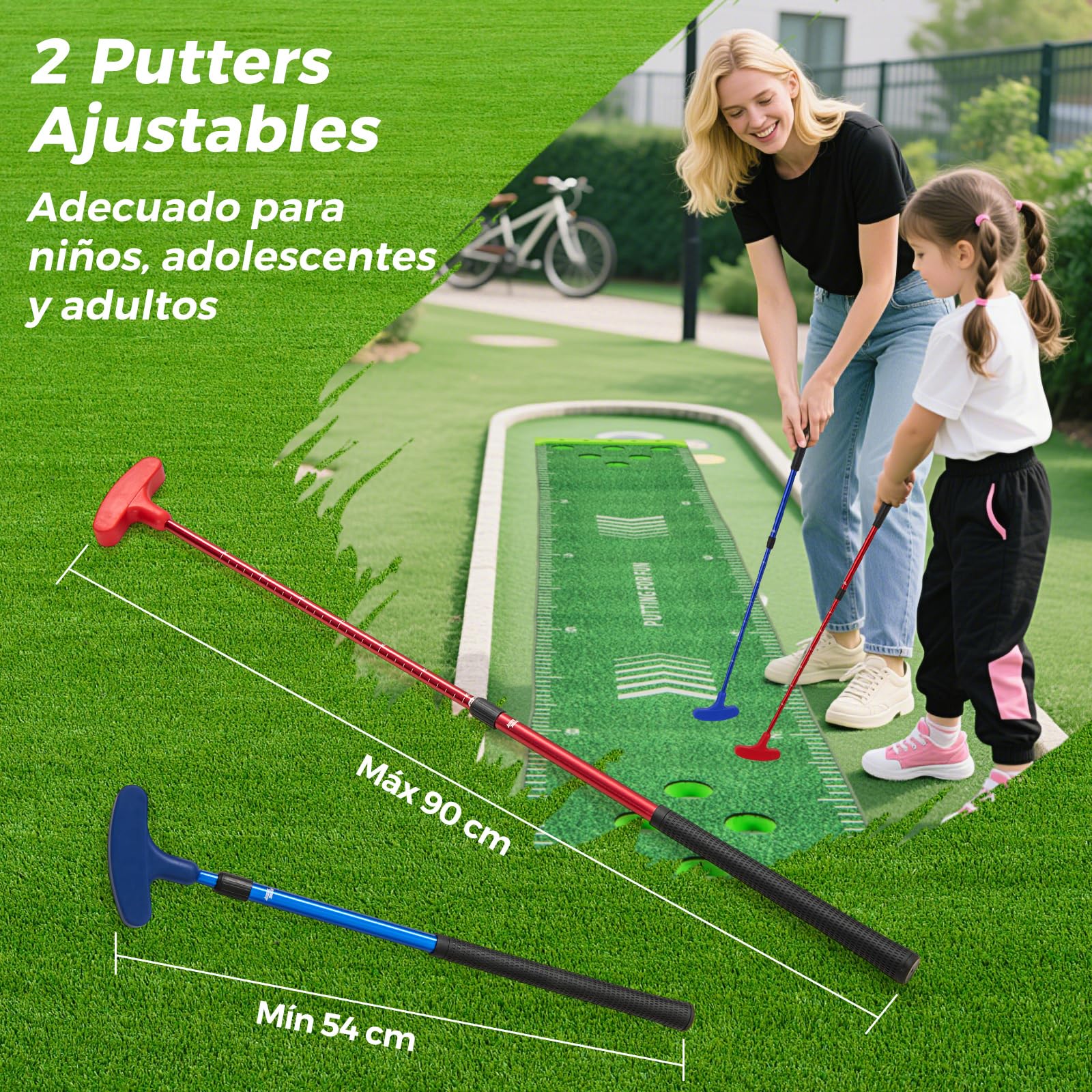 COSTWAY Juego de Golf Pong, Alfombra de Putting de 332 cm con 2 Putters Ajustables, 6 Bolas y 12 Tapas para Agujeros, Alfombrilla de Entrenamiento de Golf Interior Exterior Jardín Oficina