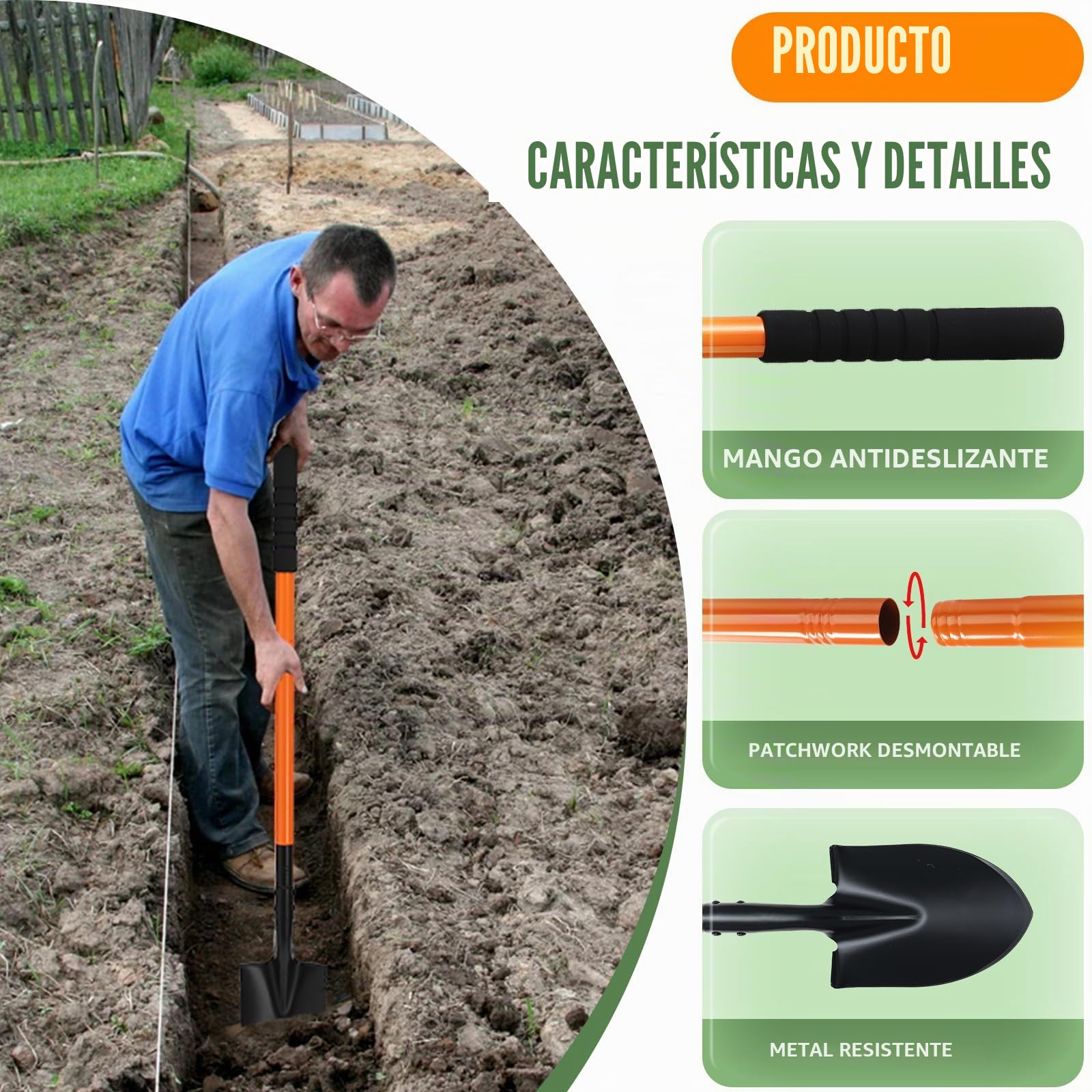 Pala jardineria pequeña con Ajustable Mango metálico de 110cm, Mini Pala Desmontable para jardinería Camping Supervivencia,Orange