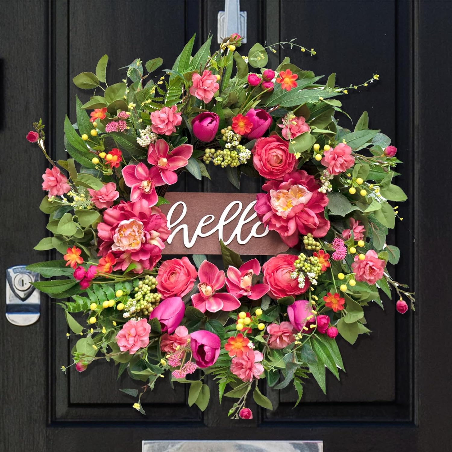 Spring Wreaths for Front Door 24 Inch with Hello Sign,Artificial Summer Wreath with Pink Peony and Orchid,Indoor and Outdoor Wreath for Farmhouse Wall Home Porch Decor