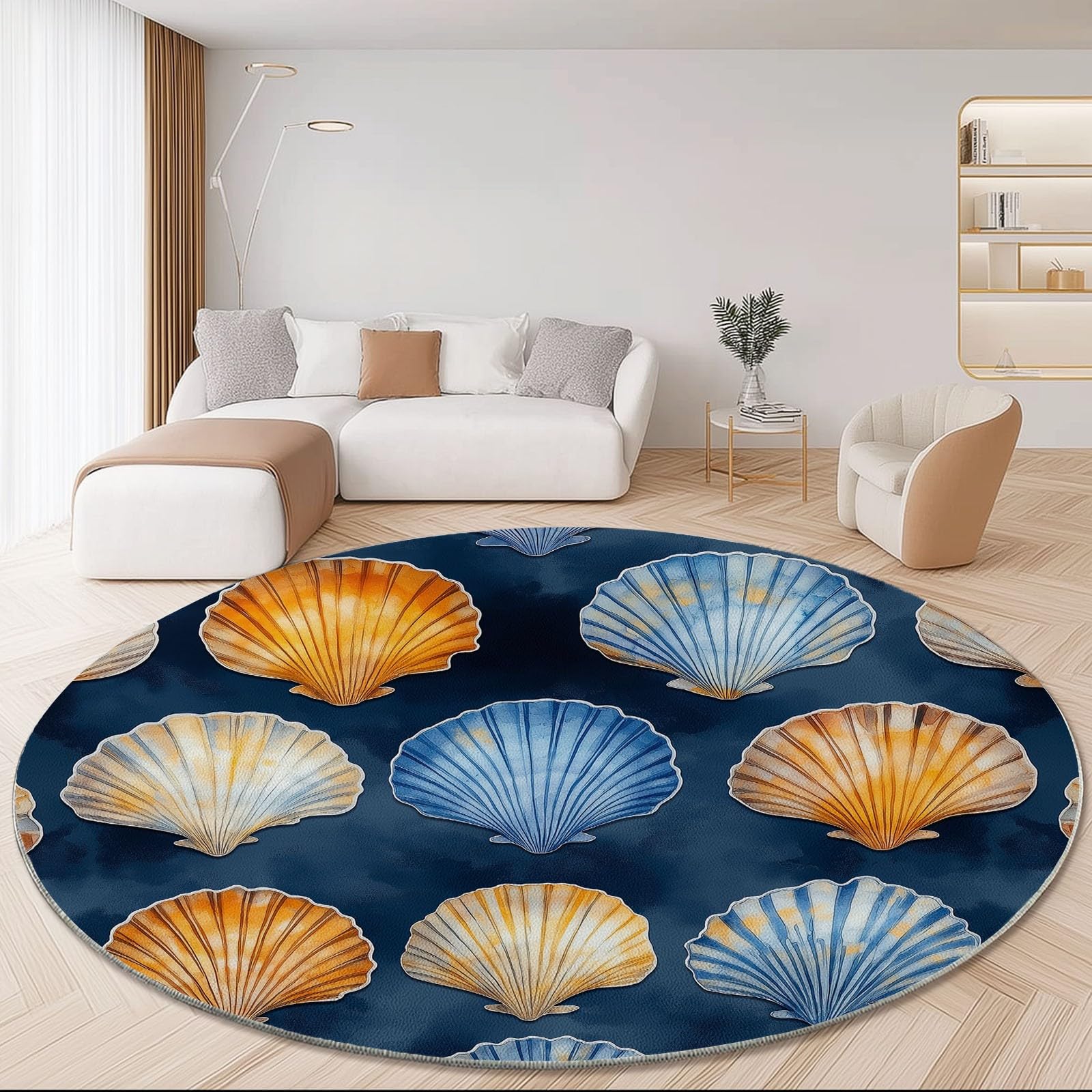Tappeto rotondo da 245 cm, con stampa di elementi marini acquerellati, moderno, antiscivolo, in flanella, lavabile, per cameretta dei bambini, stanza dei giochi, camera da letto