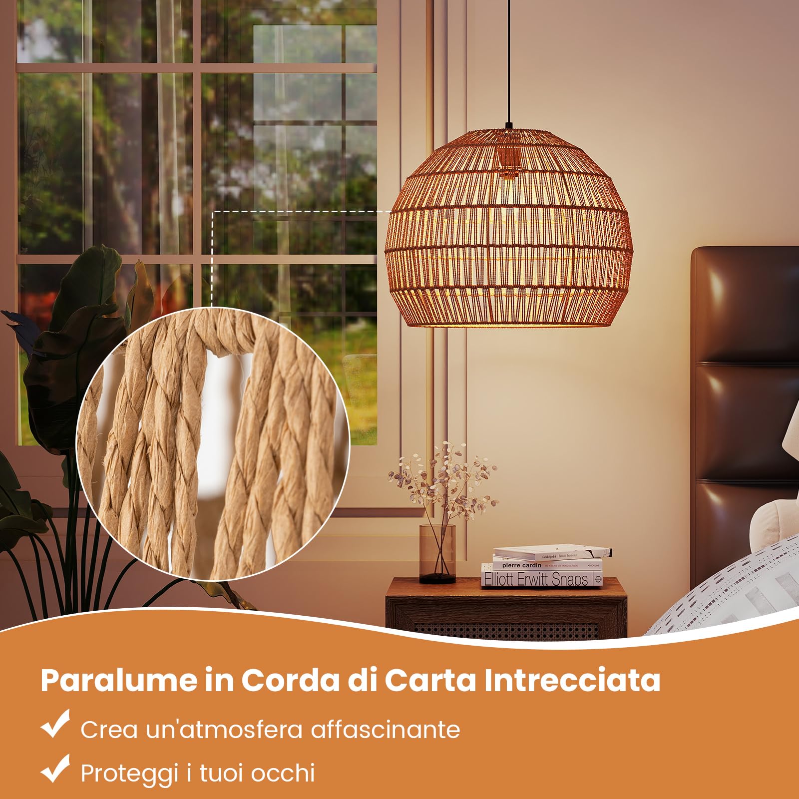 RELAX4LIFE Lampadario a Sospensione, Lampadario Soggiorno con Effetto Rattan Sintetico, Struttura in Metallo, Sile Boho, Lampada da Soffitto per Camera da Letto e Sala da Pranzo (Marrone)