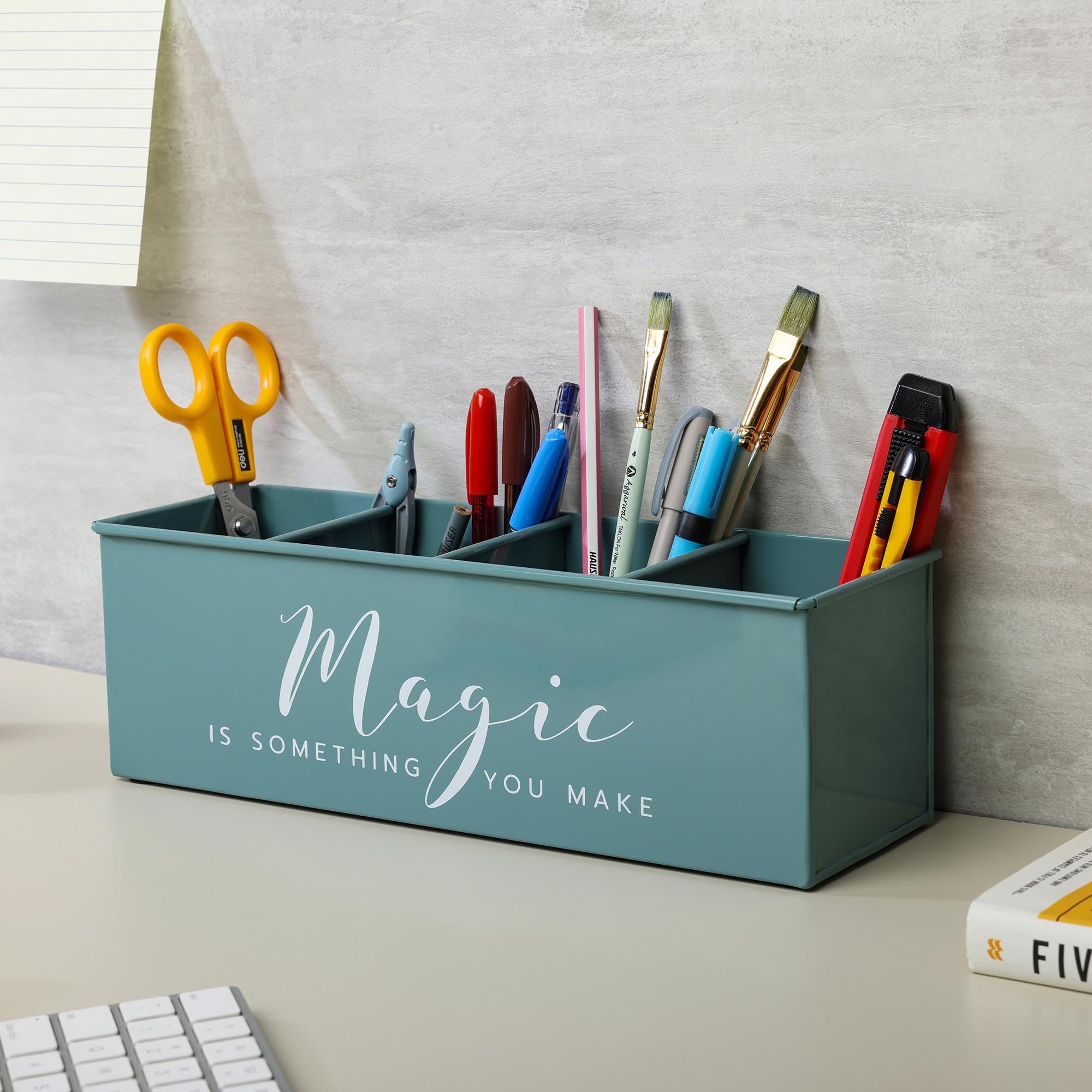 anantam homes Organizer na biurko z 4 przegródkami na stół biurowy, stylowy metalowy organizer na biurko, stacjonarne przechowywanie, piórnik do biura, domu i stołu do nauki (magiczny) zielony