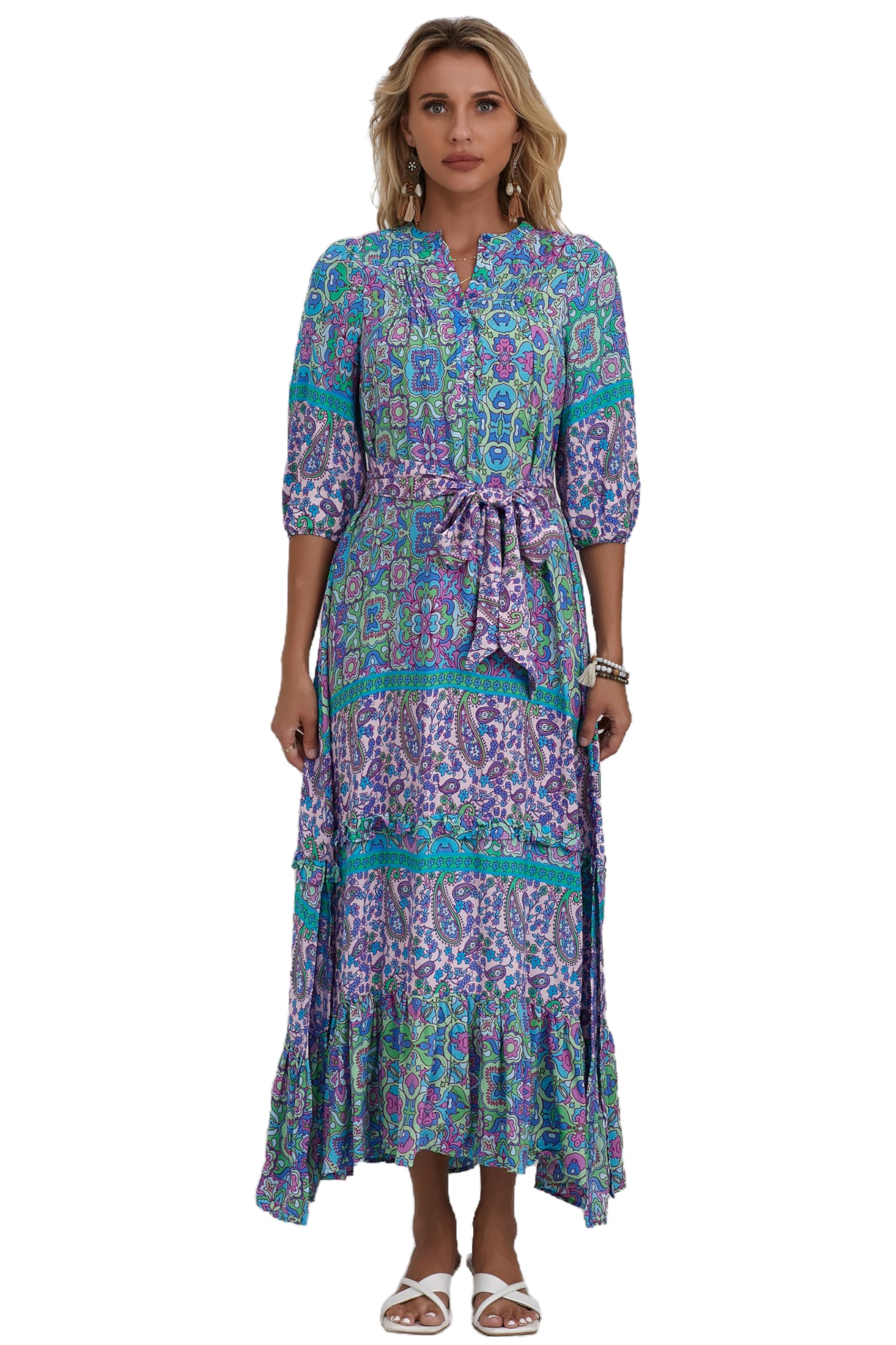 Women Boho High-Waist Floral Print Maxi Dress 3/4 Sleeve Casual | Soft Rayon, Breathable, Quick-Dry. High-Waist with Adjustable Belt, Flattering Hem. Ideal for Beach, Work &amp; Dating.