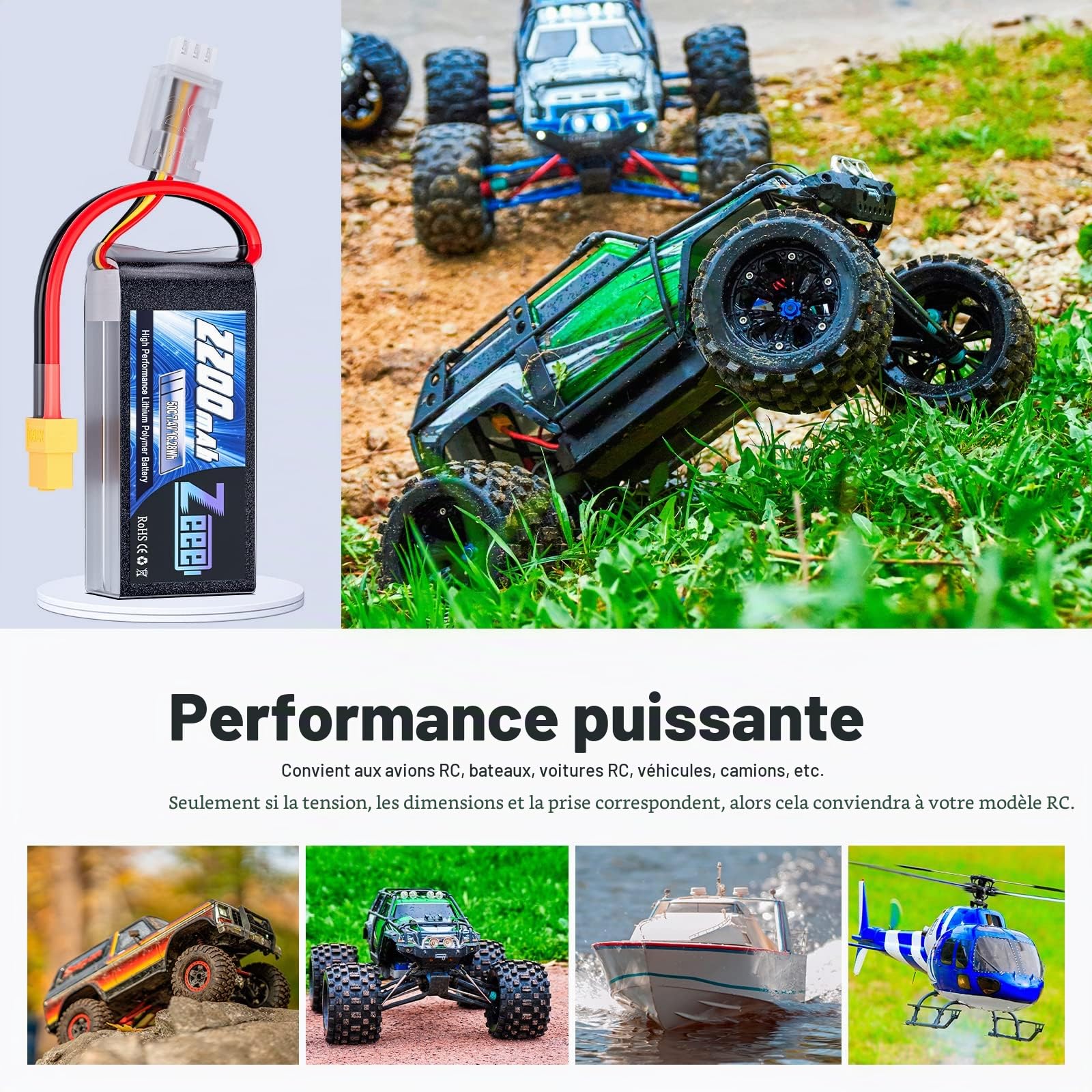 Zeee 2S Lipo Batterie 50C 2200mAh 7.4V Batterie Courte avec Prise XT60 pour 1/16 Slash RC Voiture RC Camion RC Hélicoptère Avion Quadcopter Drone RC Bateau Modèles de Course (2 Packs)