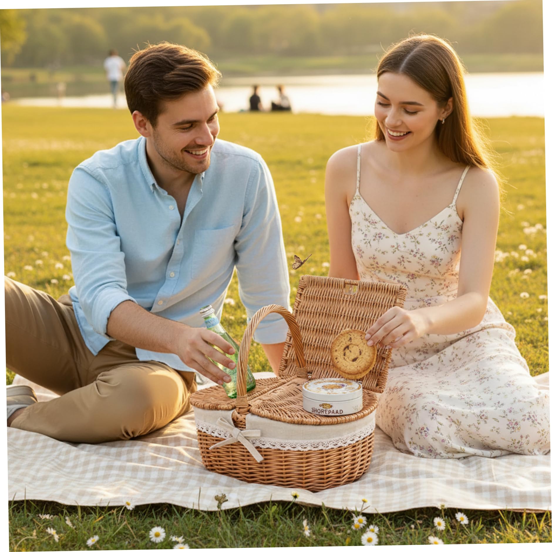 Cestino da picnic in tessuto stile vintage con coperchio e manici – Cestino da picnic in vimini per riporre la spesa campeggio, medio