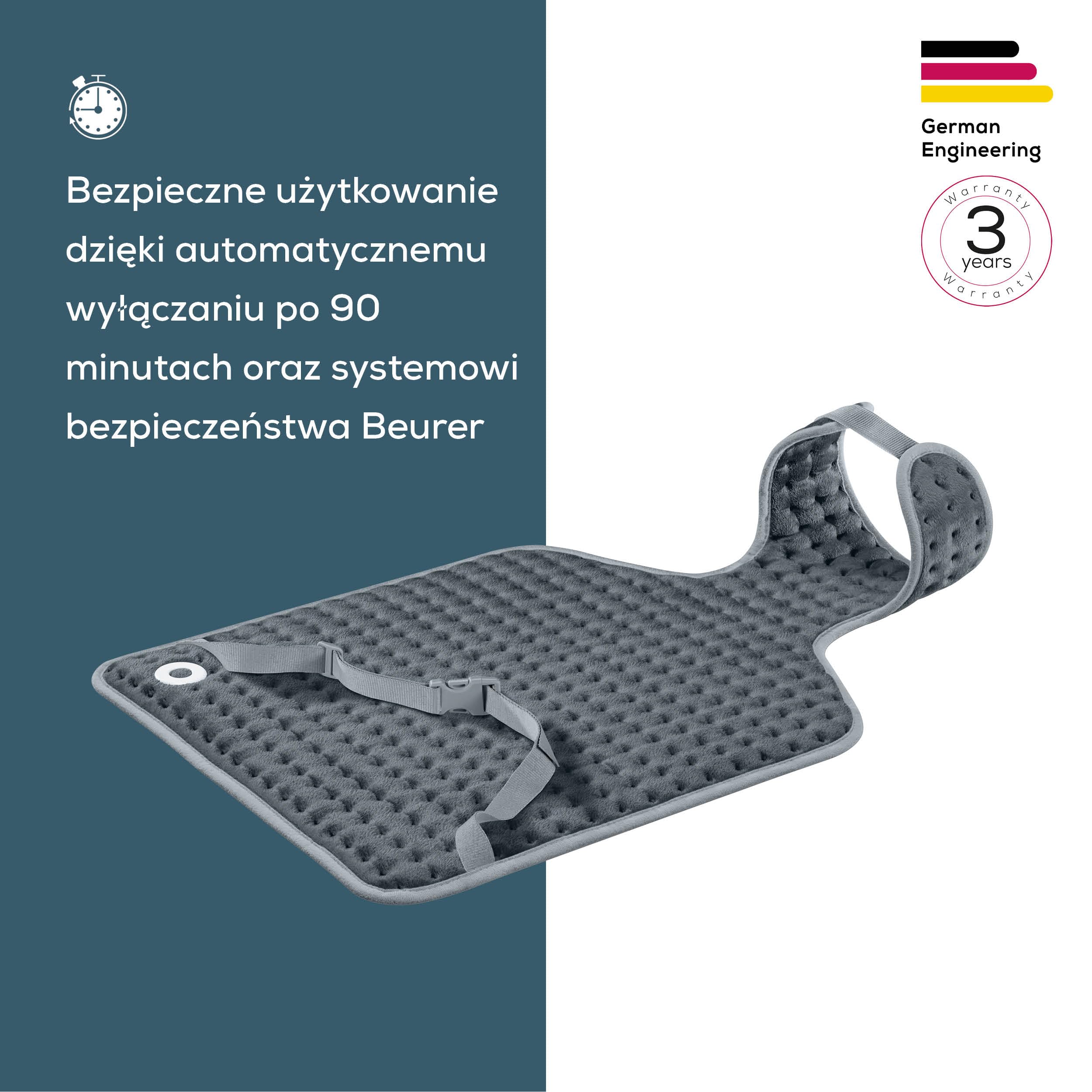 Beurer HK 64 Grey Poduszka elektryczna, z funkcją szybkiego nagrzewania i automatycznym wyłączaniem dopasowana do kształtu ciała, 3 ustawienia temperatury, możliwość prania, z pasem na brzuch
