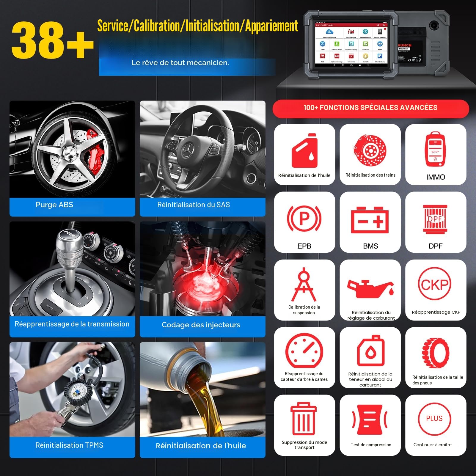 Launch X431 Pro TT Elite Valise Diagnostic Auto Diagnostic de Tous Les systèmes avec DBSCar VII Connecteur, Bi-directionnel, 38+ Réinitialisation, Codage ECU, CANFD&DOIP, FCA, Guide V.A.G.Diagnostic
