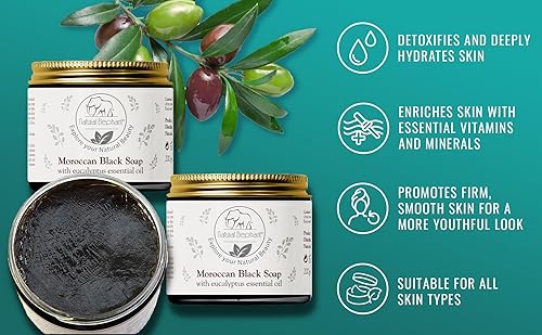 Miniatura 8 de Natural Elephant Kessa - Guantes de hammam prémium y jabón negro marroquí con aceite esencial de eucalipto, 200 g (7 oz), kit de exfoliación de spa