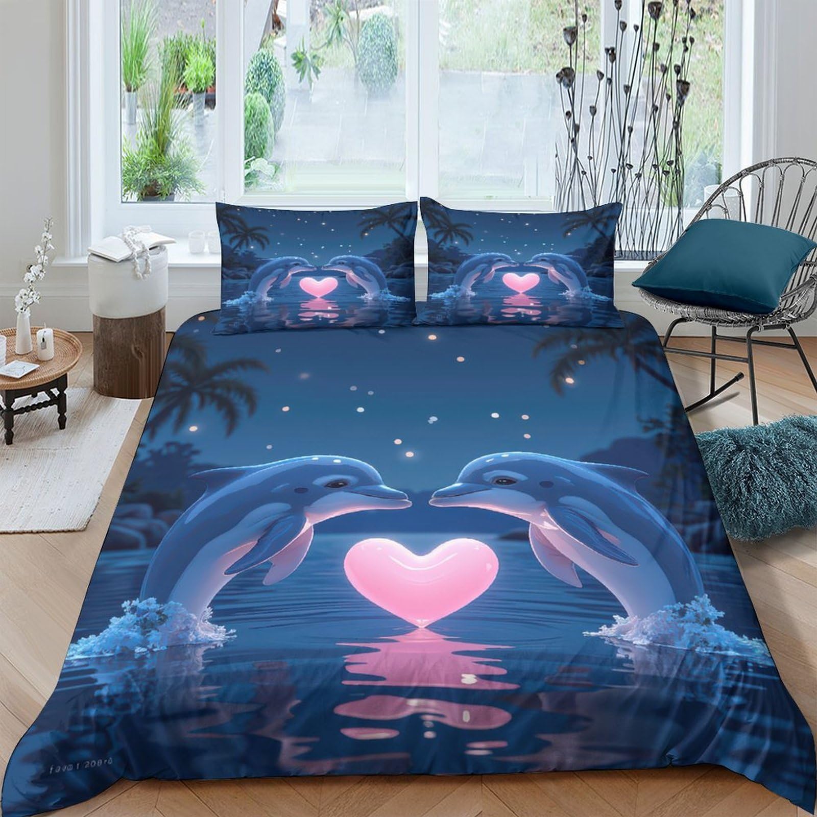 Ctjqhvkz Style-5 3D Printed Romantic Dolphin Fitted Sheet Microfiber Soft Blue Heart Ocean Bed Cover For Bedroom Guest Room Decor Single（135X200cm）