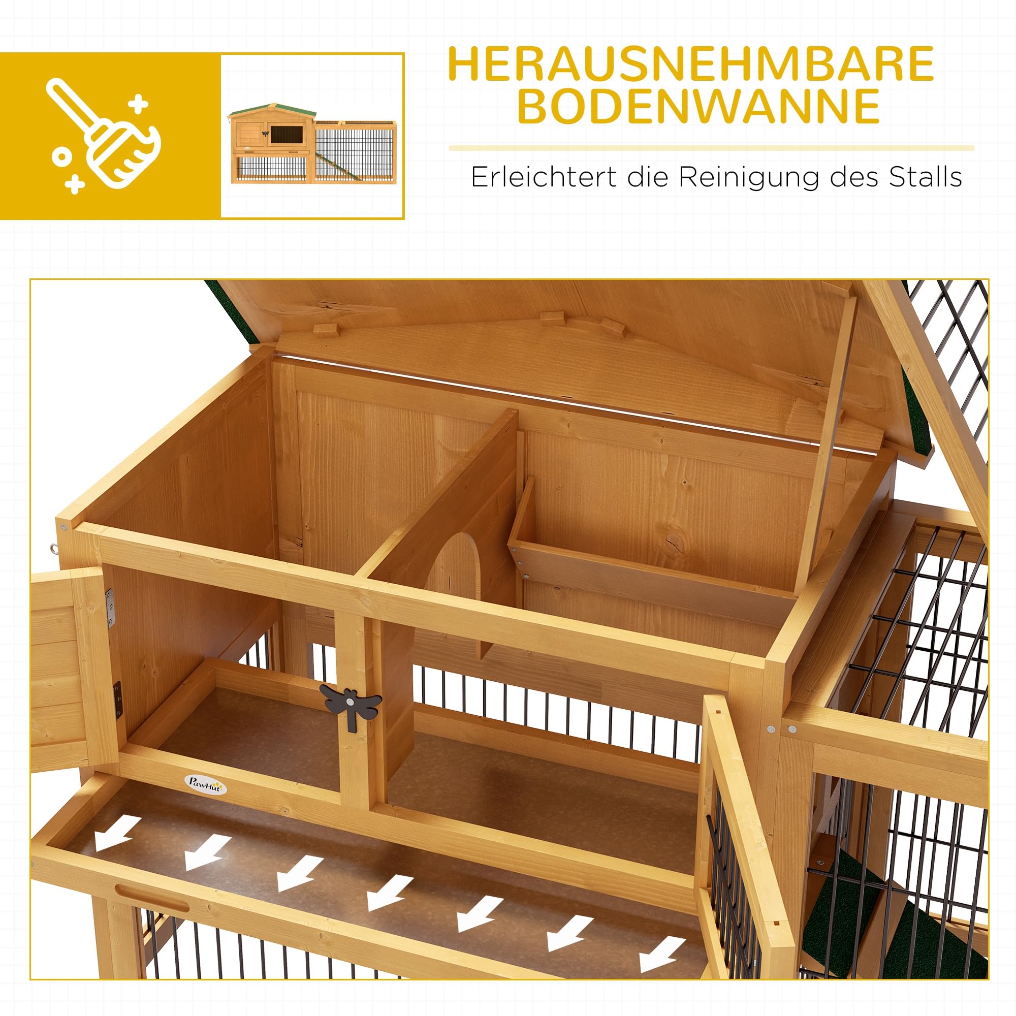 PawHut conejera conejera de 2 niveles de madera de abeto a prueba de invierno casa de dos pisos con recinto al aire libre rampa 150x52x68 cm jaula de conejo al aire libre conejera de animales pequeños