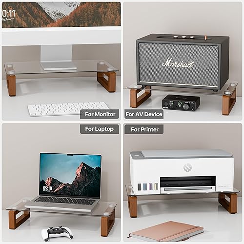 Miniatura 4 de YEOUX Soporte de escritorio multiusos, elevador flotante transparente para monitor de computadora con base de madera natural, estante de