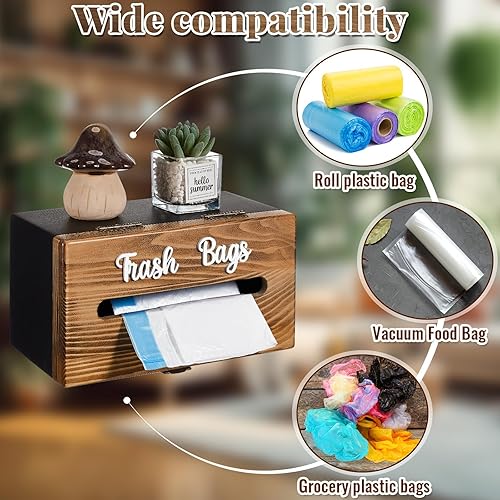 Miniatura 4 de Beeveer Dispensador de bolsas de basura, 10.8 x 5.7 x 5.4 pulgadas, dispensador de bolsas de basura de madera rústica, soporte para bolsas de basura