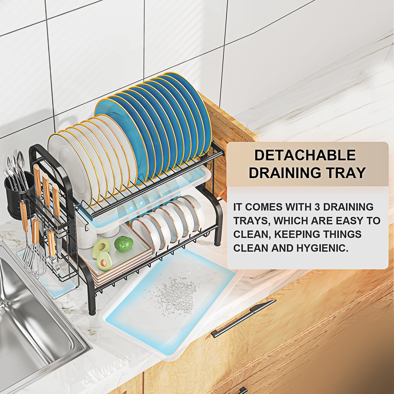 Escurridor de Platos, 2 Niveles de Acero Inoxidable para encimera de Cocina, Organizador de Platos pequeños, Ahorro de Espacio, Negro, K-A30KD1U