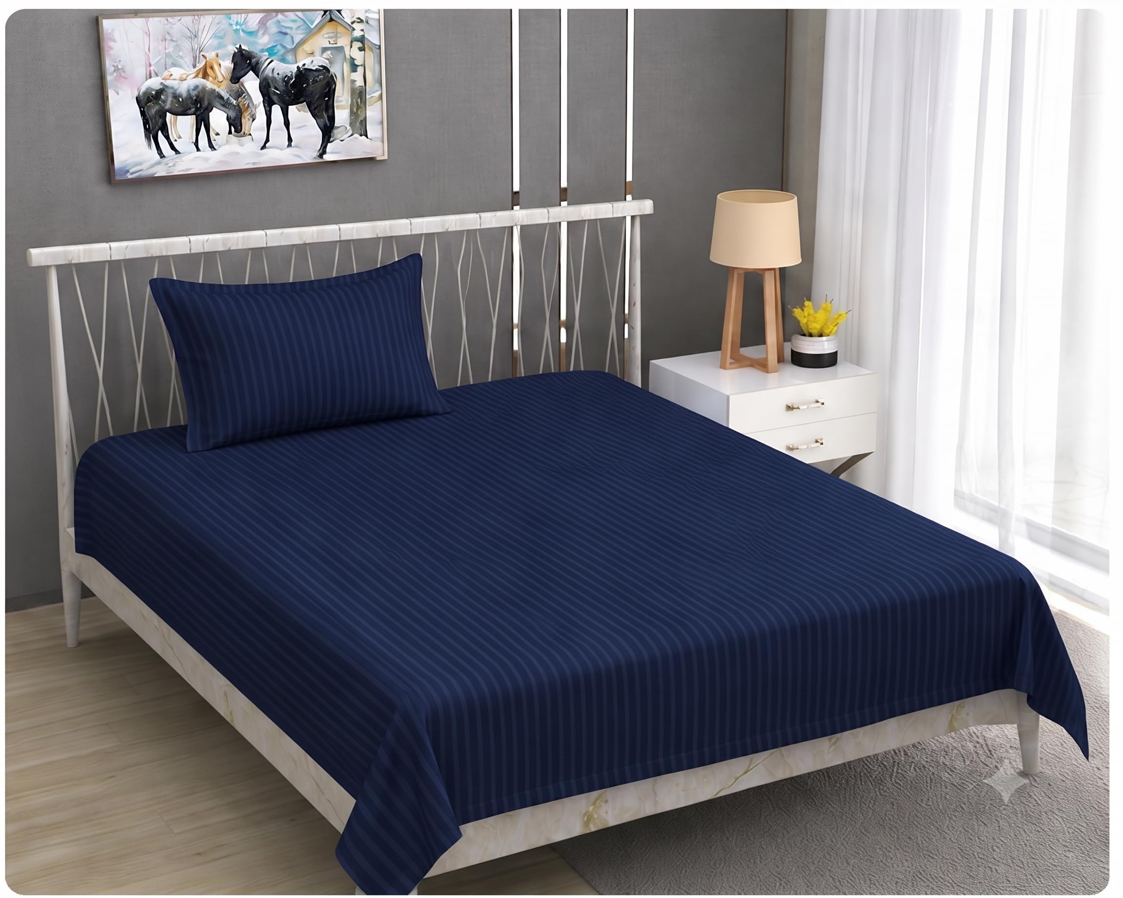 YORIK 160 TC Stripe Glace Cotton Double BedSheet with 2 Pillow Covers - (90x100 inches) or Single BedSheet with 1 Pillow Cover - (60x90 inches) (Blue, Single Bed)