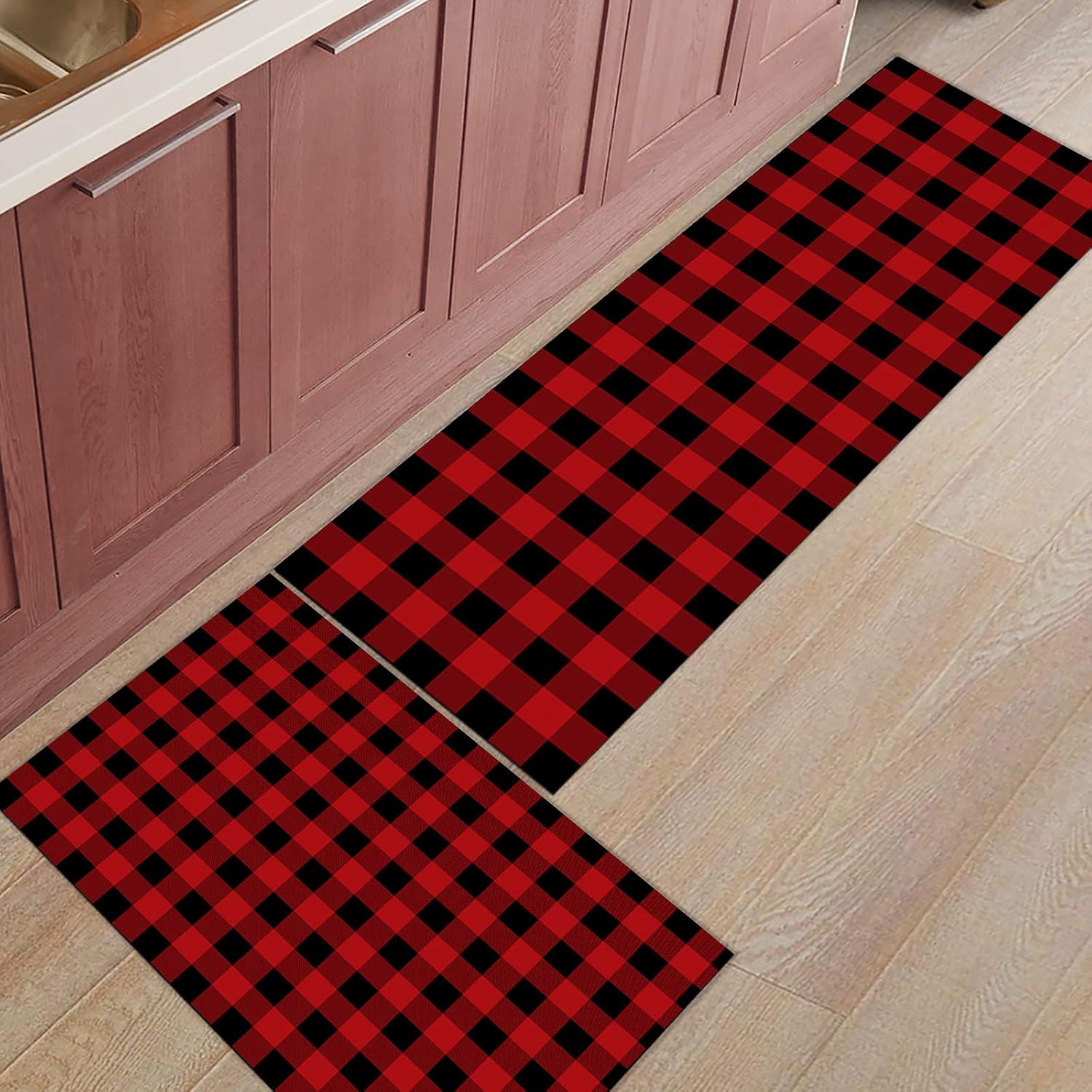 Z&L Home Classic Lattice Kitchen Rug Sets 2 Piece Floor Mat Non-Slip Rubber Backing Area Runners Door Mats, Retro Black Red Buffalo Plaid Indoor Washable Carpet