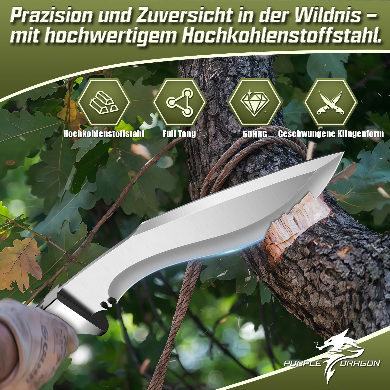 Purple Dragon Großes Outdoor Messer - Feststehende Klinge mit Scheide - Scharfe Bushcraft Camping Messers mit Holzgriff - Full Tang Messers Survival, Geschenke für Männer