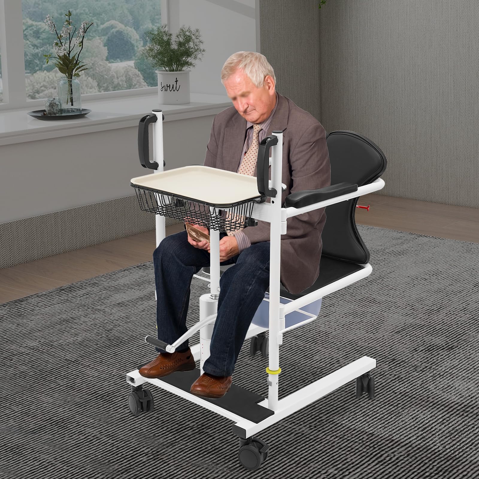 OUKANING Sollevatore idraulico per pazienti, sedia da toilette mobile con portata di 150 kg, altezza regolabile 43-63 cm, sedile pieghevole a 180°, per anziani e disabili