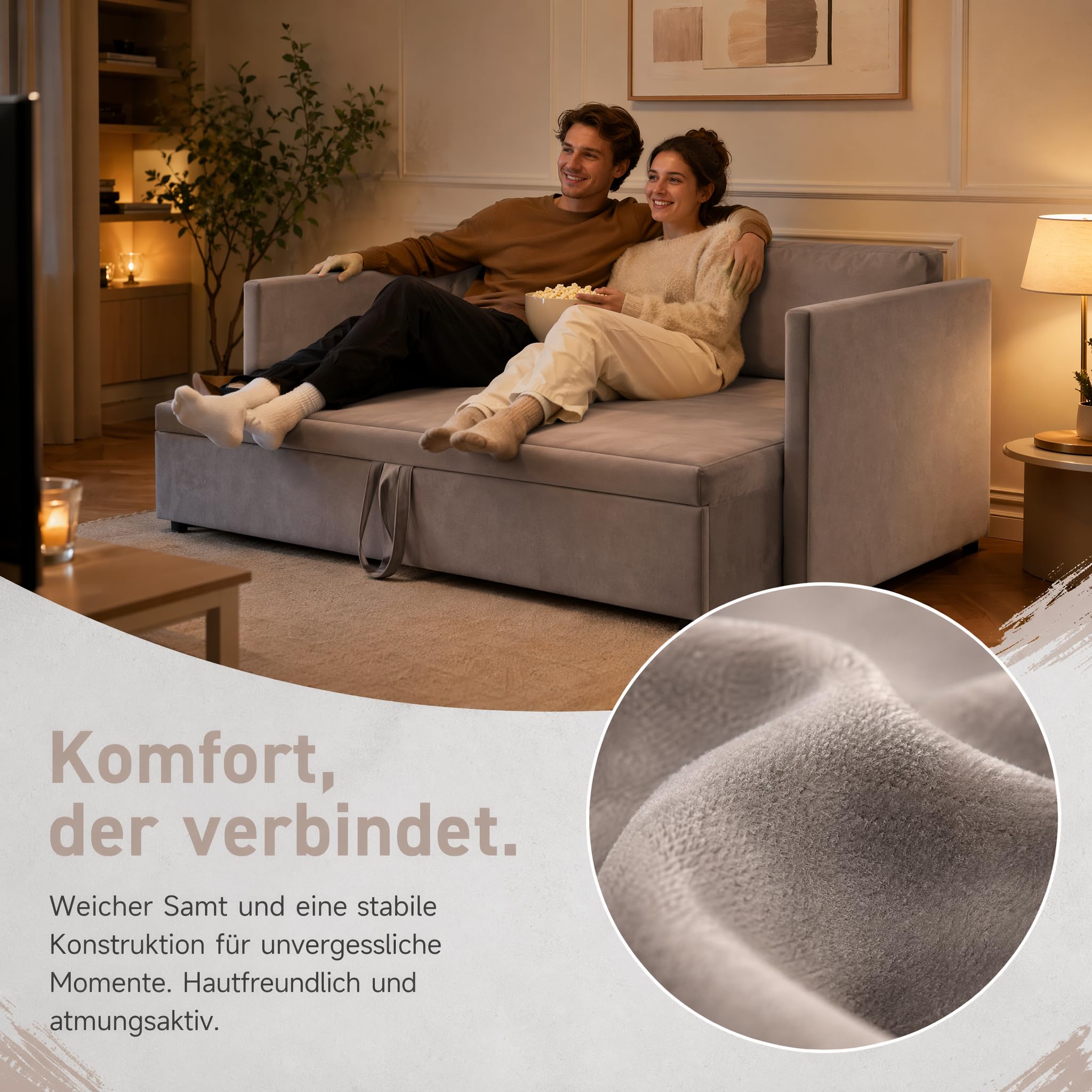 Schlafsofa 90/180 x 200 cm, Tagesbett Ausziehbar, 2-Sitzer-Sofa mit Lattenrost, Polsterbett mit Bettkasten,Ausziehbett Doppelbett für Erwachsene, Grau Samt(ohne Matratze) (Grau, 90/180 x 200 cm)
