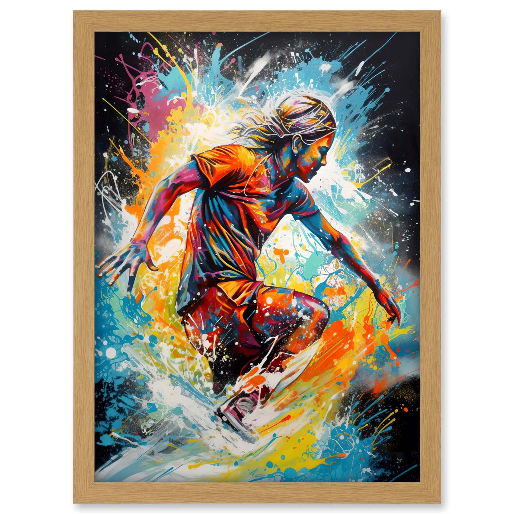 Artery8 Surfer Surfing on Splatter Paint Crashing Waves Artwork Framed A3 Wall Art Print