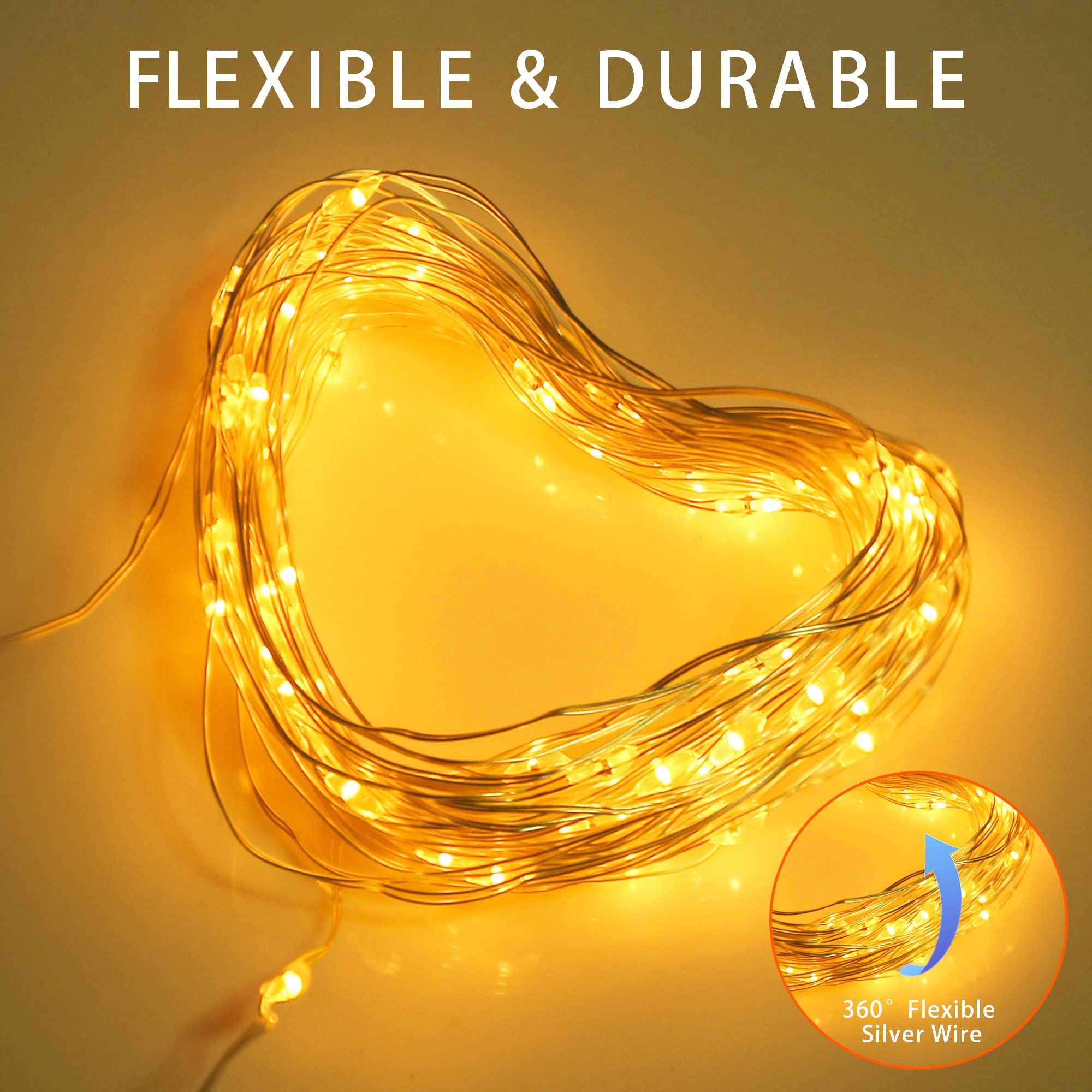 Solar-Lichterkette für Weihnachten, Warmweiß, für den Außenbereich, wasserdicht, 100 LEDs (2er-Pack), 8 Modi, Kupfer-Lichterkette für Valentinstag, Garten, Terrasse, Zaun, Outdoor (warmweiß, 2 Stück)