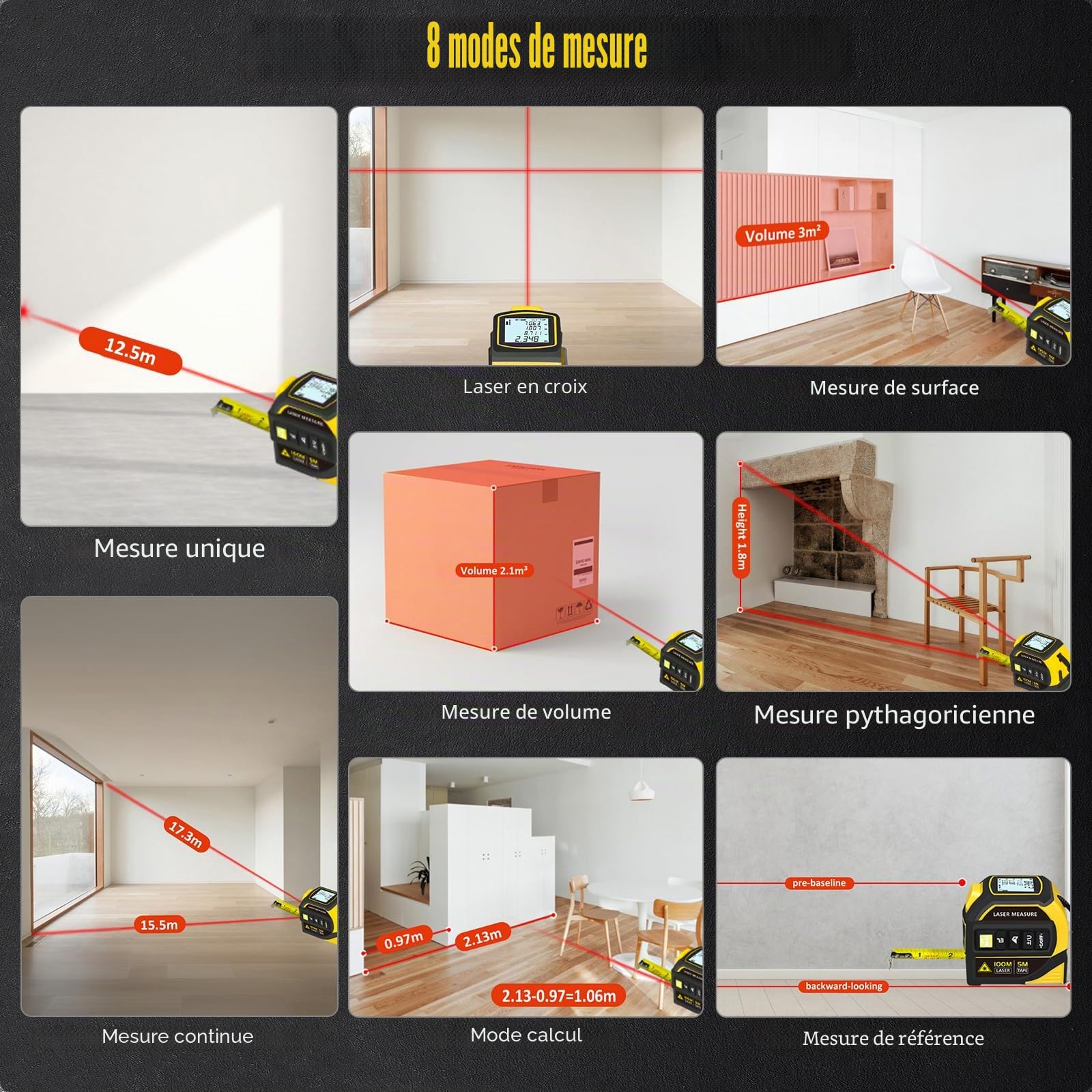Mètre Laser 4-en-1,Télémètre Laser 40m + Ruban Digital 5m, Calcul Surface/Volume/Pythagore 1-Touche, Mémoire 50 Groupes, Unités m/ft/in, Bricolage, BTP, Professionnels
