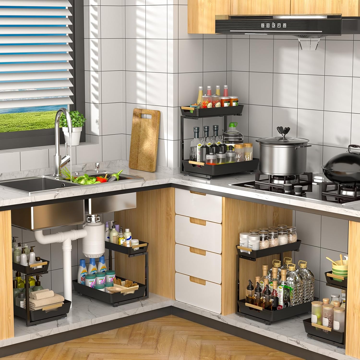 2 Pack Under Sink Organizer, 2 Tier Pull Out Under Sink Organziers and Storage, Height Adjustable Slide Out Under Sink Cabinet Organizer for Kitchen Bathroom Laundry