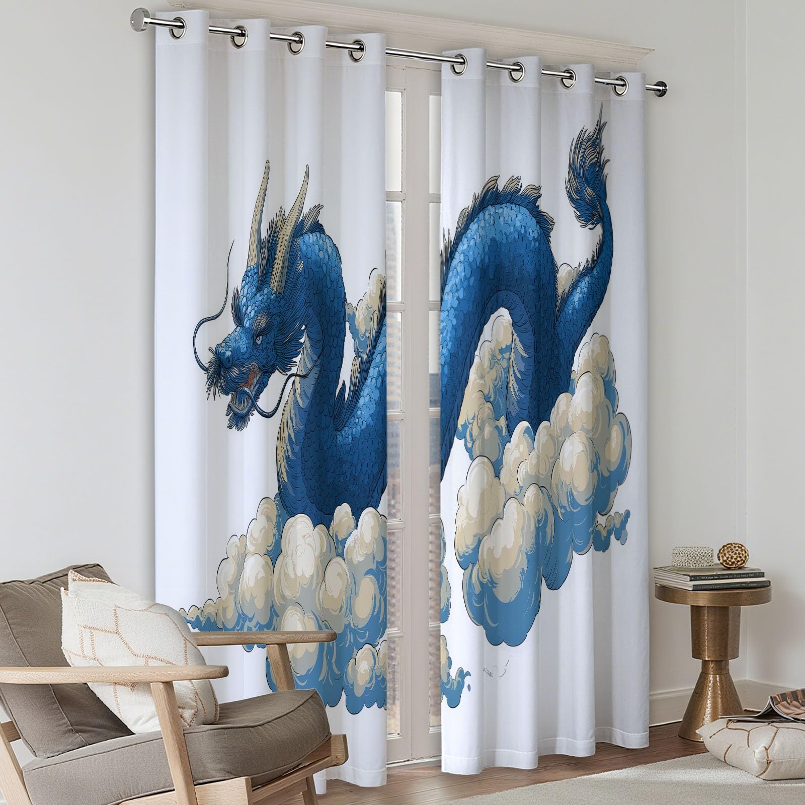 Chińskie zasłony zaciemniające z niebieskim smokiem, białe, 140 x 250 cm, przelotki, izolacja termiczna, redukcja hałasu, przyciemniane zasłony do sypialni i salonu, 100% prywatności zasłony