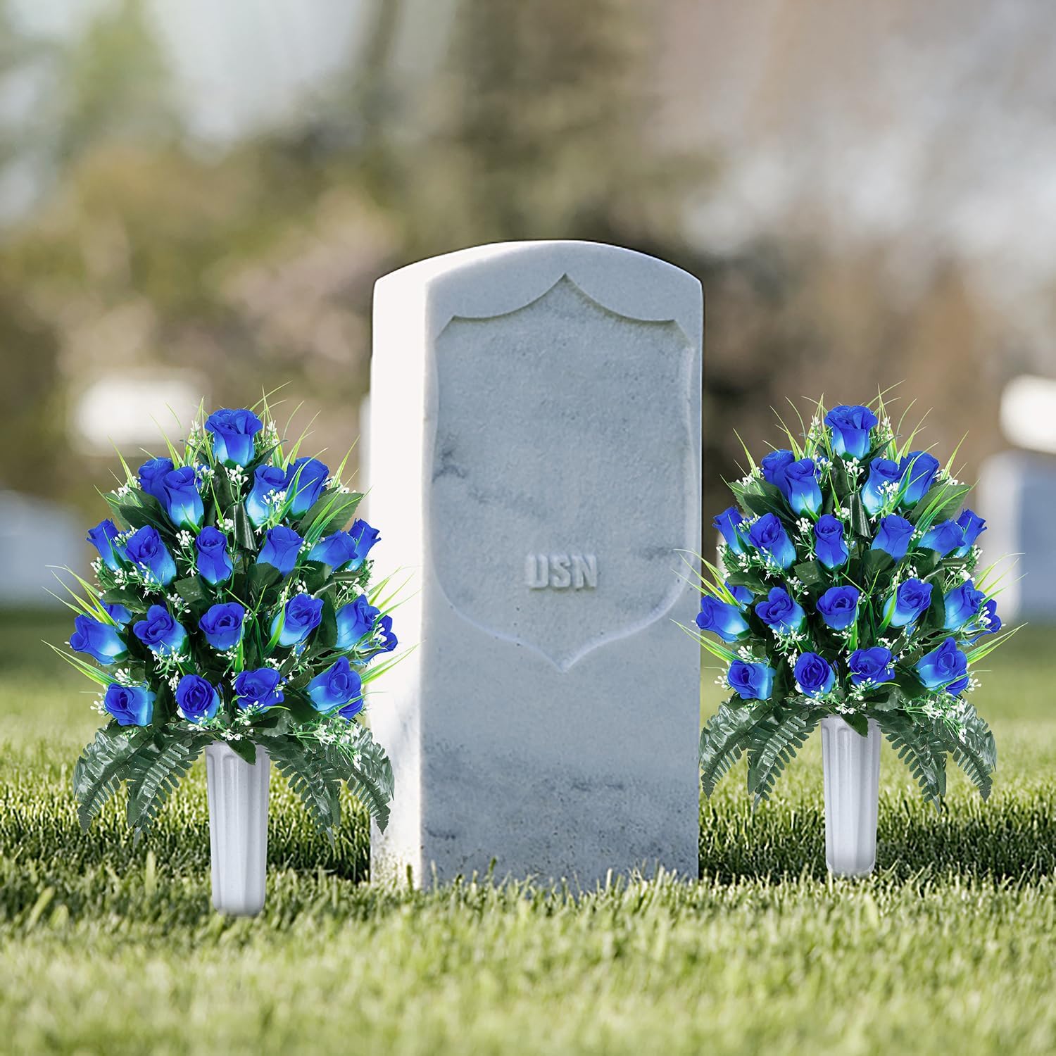 XONOR Artificial Cemetery Flowers, Grave Decorations Roses, Memorial Flowers Bouquet with Cemetery Vase, 2 Sets (Blue)