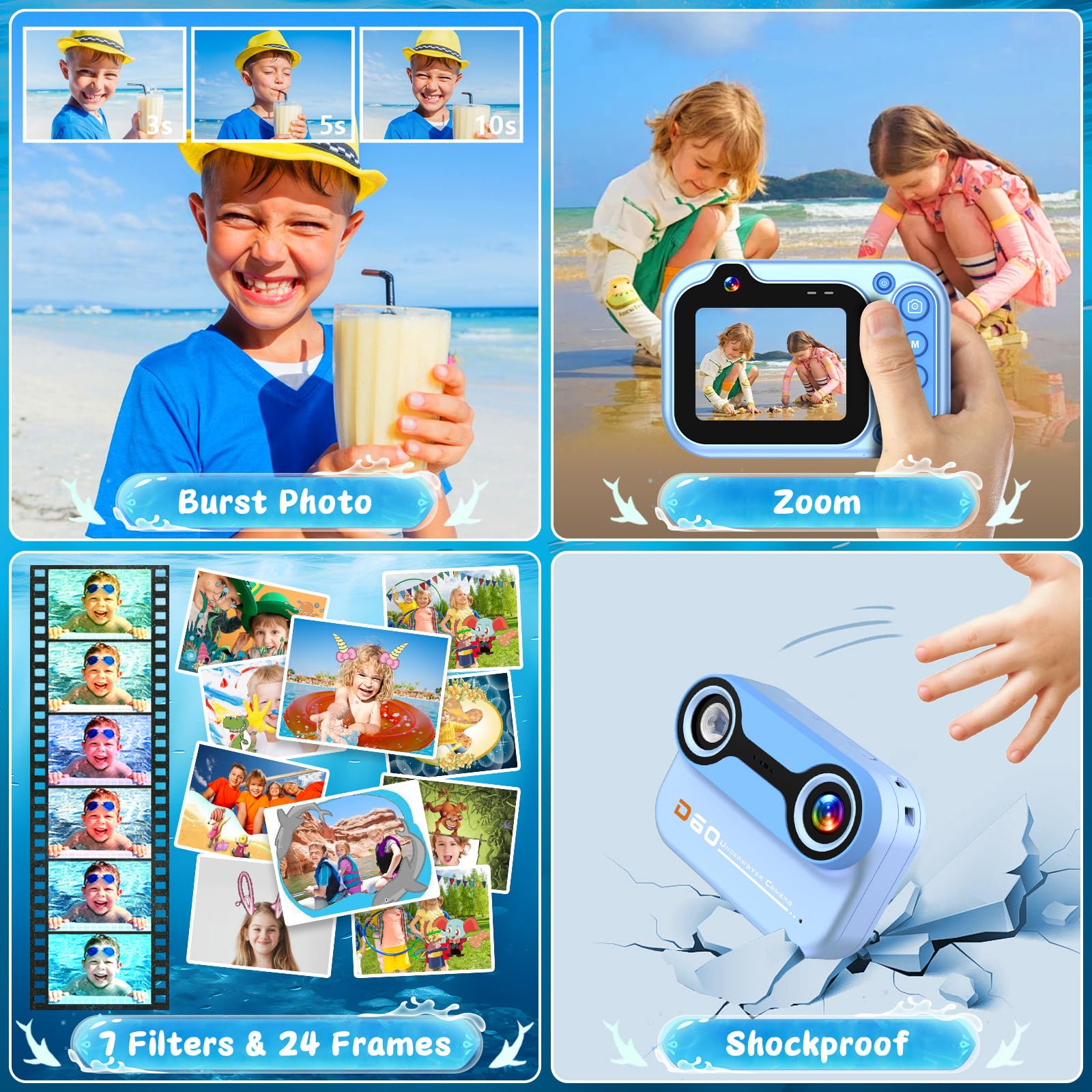 Cámara digital impermeable de 10 pies 1080P Full HD 26MP cámara subacuática, zoom digital 10X, cámara impermeable para esnórquel, selfies subacuáticos, natación, playa, parque acuático, color azul