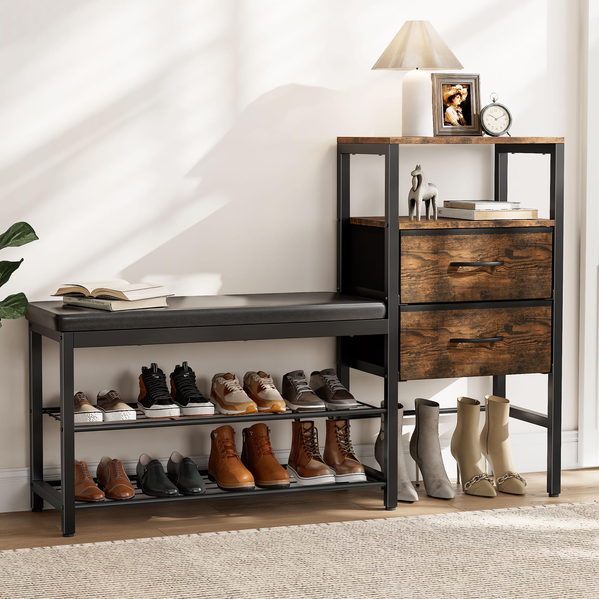 Gyfimoie Schuhschrank mit Sitzgelegenheit und Schublade, 2 Ebenen Schuhregal, Metallrahmen für Eingang Flur