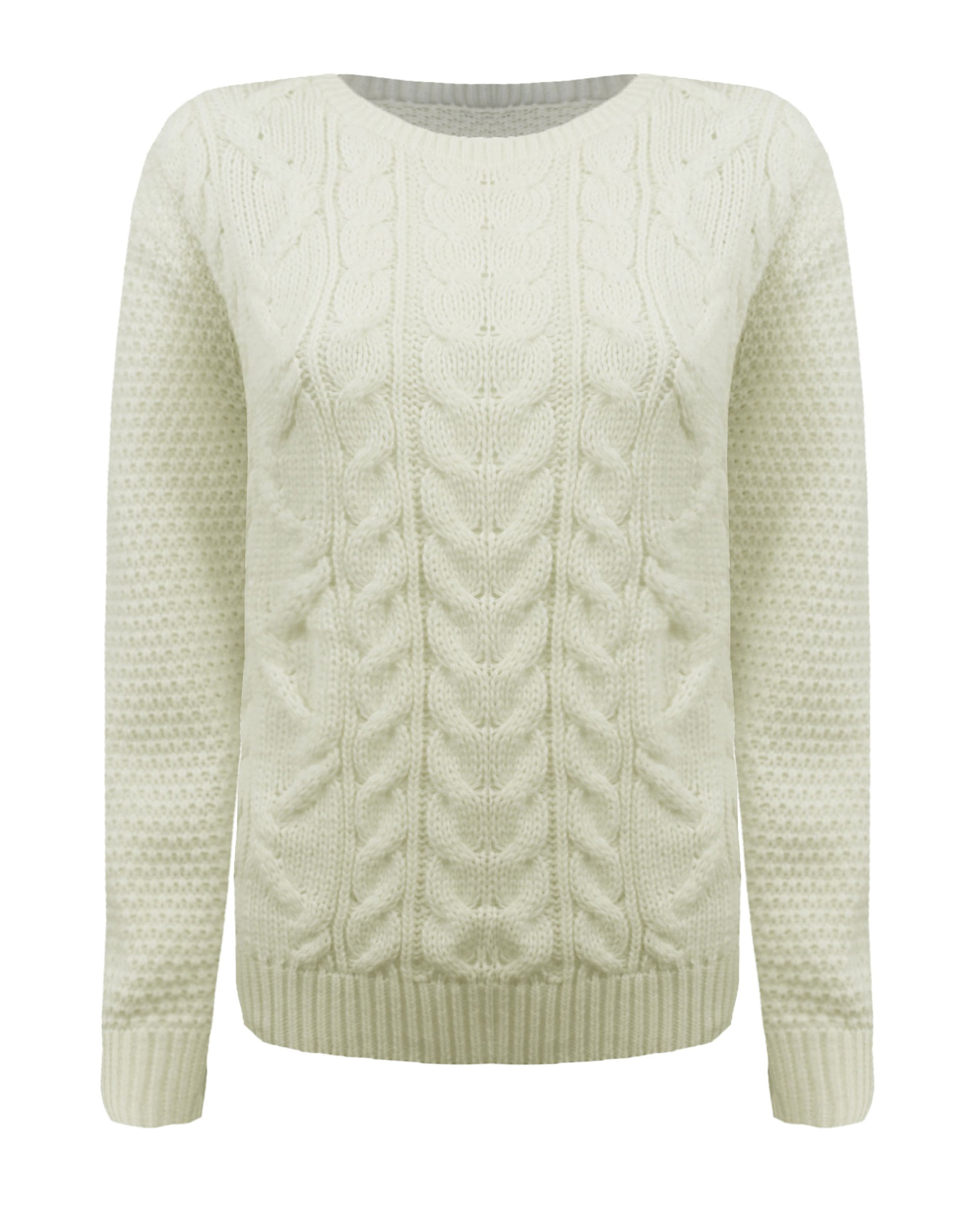 Generation Fashion New Ladies Cable Knit Crew Round Neck Long Sleeve Women Knitted Jumper Sweater [Cream,SM]