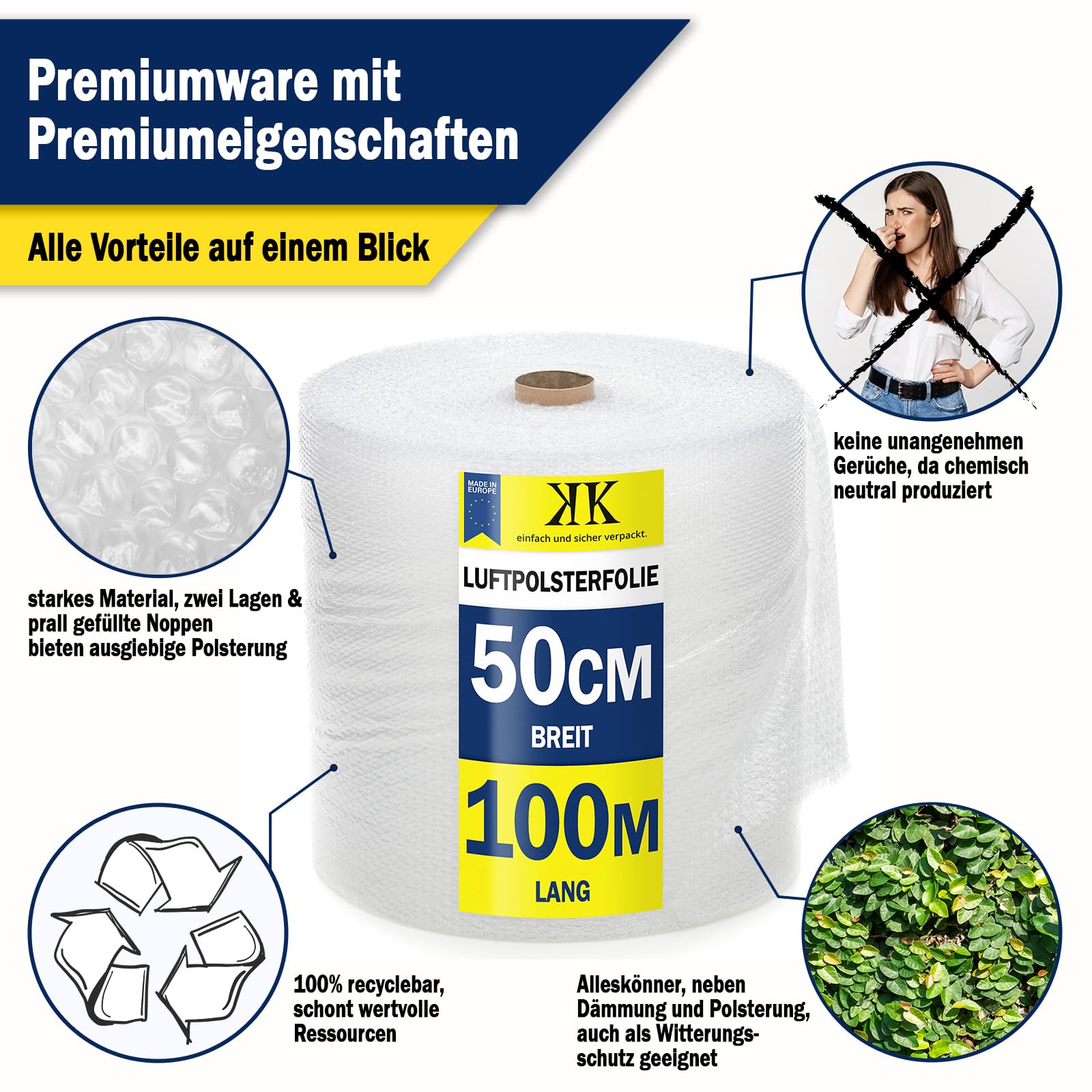 KK Verpackungen 4X Rollen Luftpolsterfolie 50 cm x 100 m, Qualität - 50my