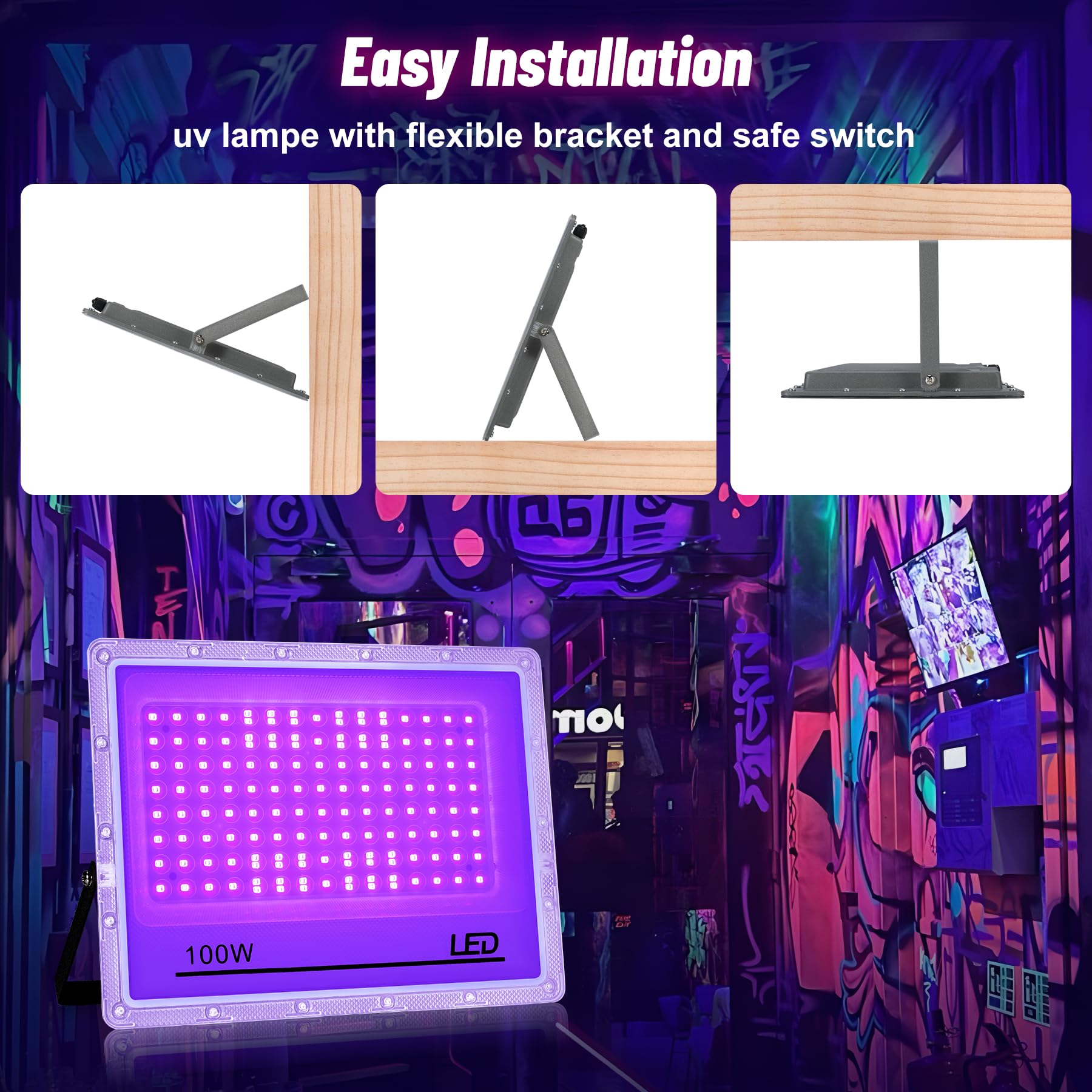 Luce Nera UV per Festa, 2 Pezzi Luce UV 100W, Lampada UV 395nm, IP65 Impermeabile, Blacklight per Feste Glow, Decorazioni Halloween, Discoteca, Illuminazione Palco, Accessori per Feste