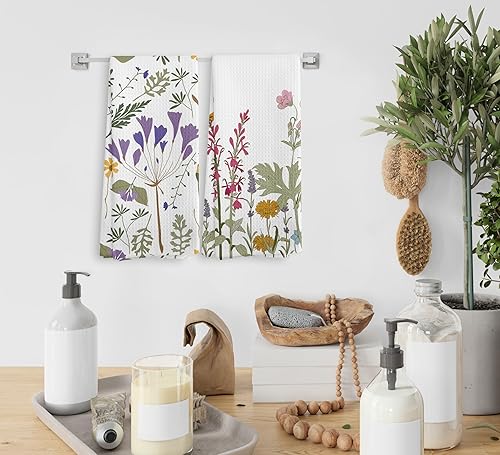 Miniatura 4 de Juego de 2 paños de cocina y paños de cocina con diseño floral de jardín botánico de acuarela, toallas de mano absorbentes de flores de primavera y