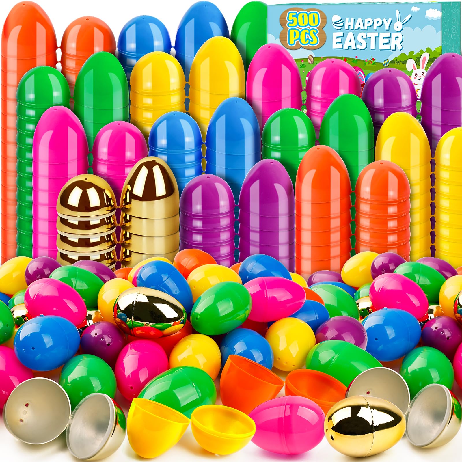 Adisher 500Pcs Easter Eggs, Plastic 2.4" Colorful Easet Eggs with 6Pcs Golden Eggs Bulk Empty Fillable for Easter Hunt Party Favor Basket Stuffers,