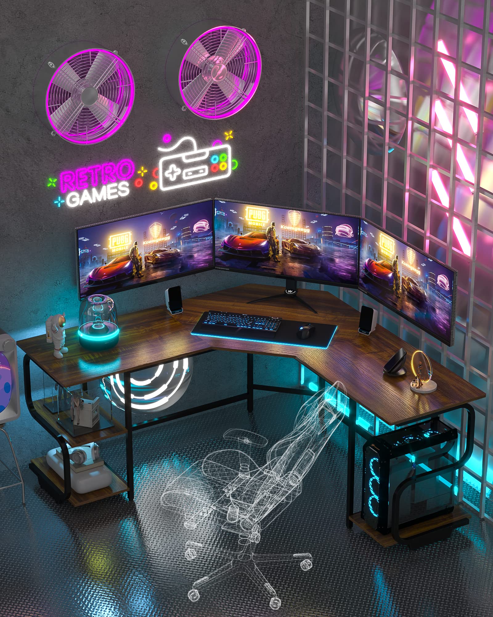 Escritorio moderno en forma de L con estantes, escritorio de computadora, escritorio de juegos para oficina en casa, mesa de trabajo de esquina con escritorio grande (teca + marco negro, grande + estantes de 4 niveles) 5