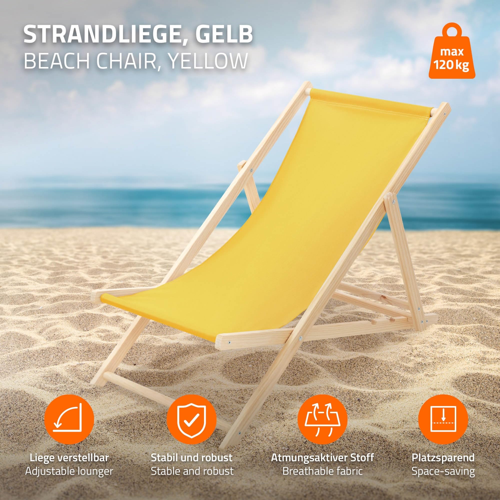 ECD Germany Lot de 2 Chaises Longues Pliantes en Bois Chiliennes, Jaune, Dossier Réglable, 3 Positions de Couchage, jusqu'à 120kg, Bain de Soleil en Tissu pour la Plage Jardin Terrasse Camping